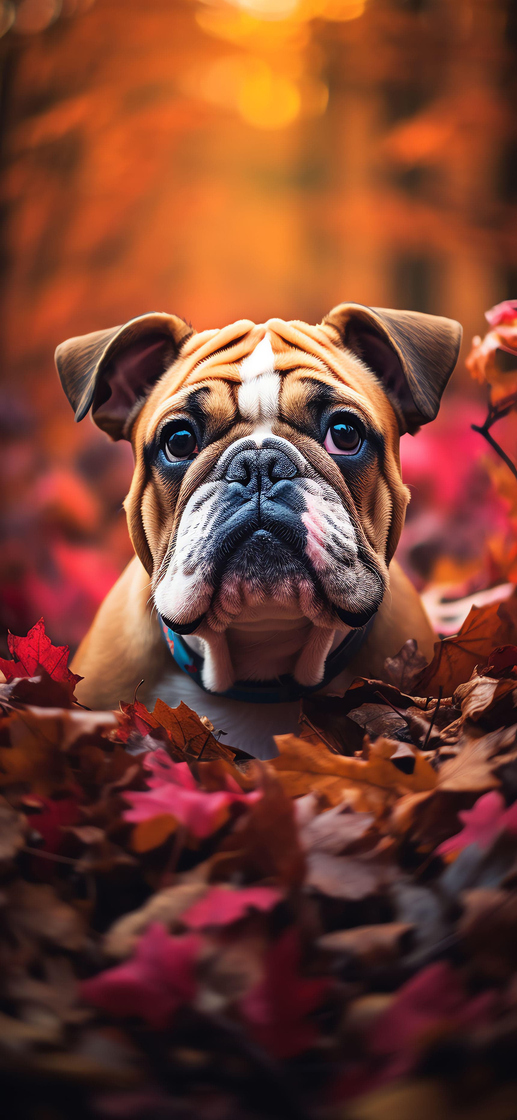 Bulldog Autumn Leaves - Pro phone wallpaper