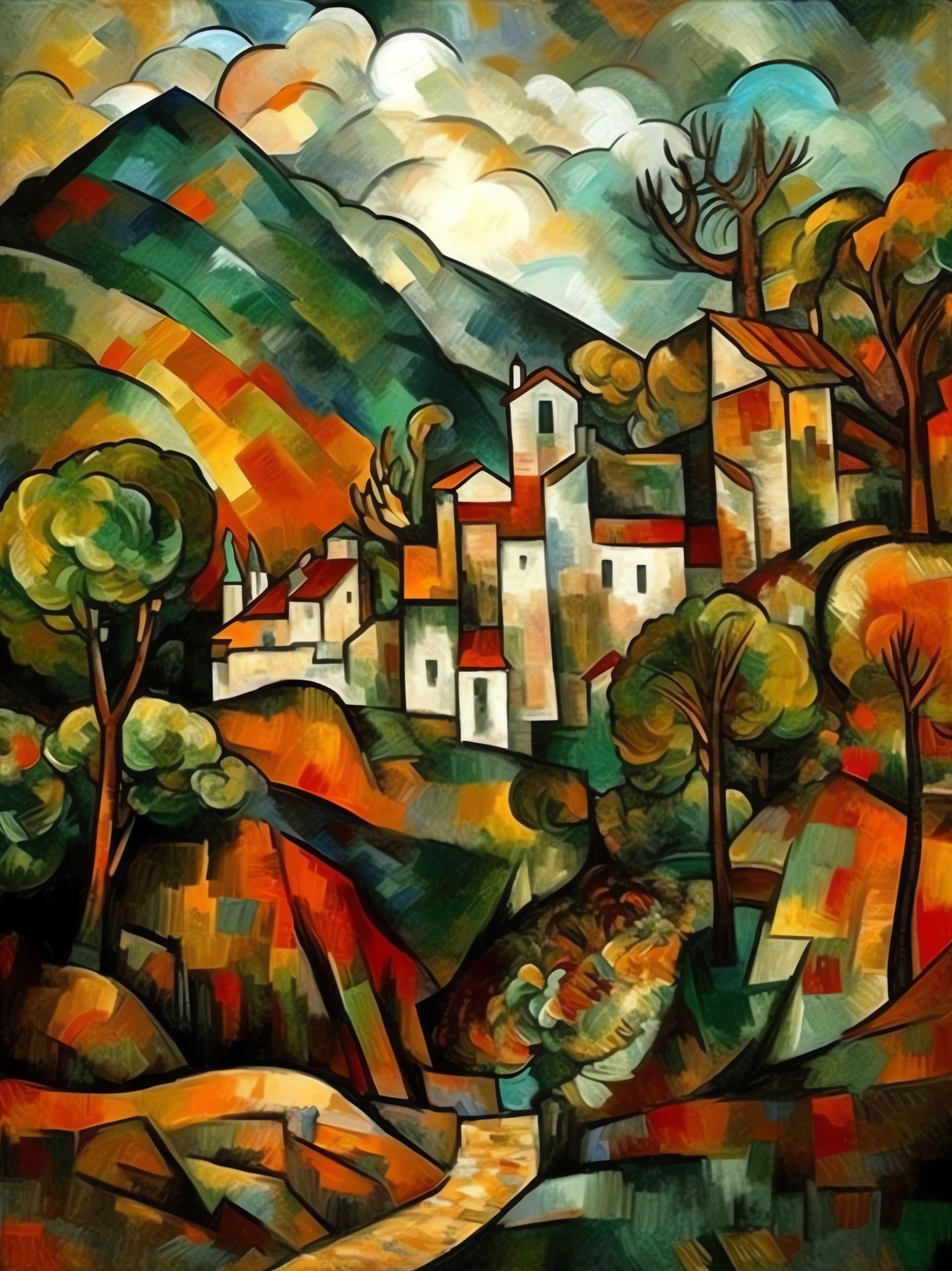 Painted Village Scene - Pro phone wallpaper