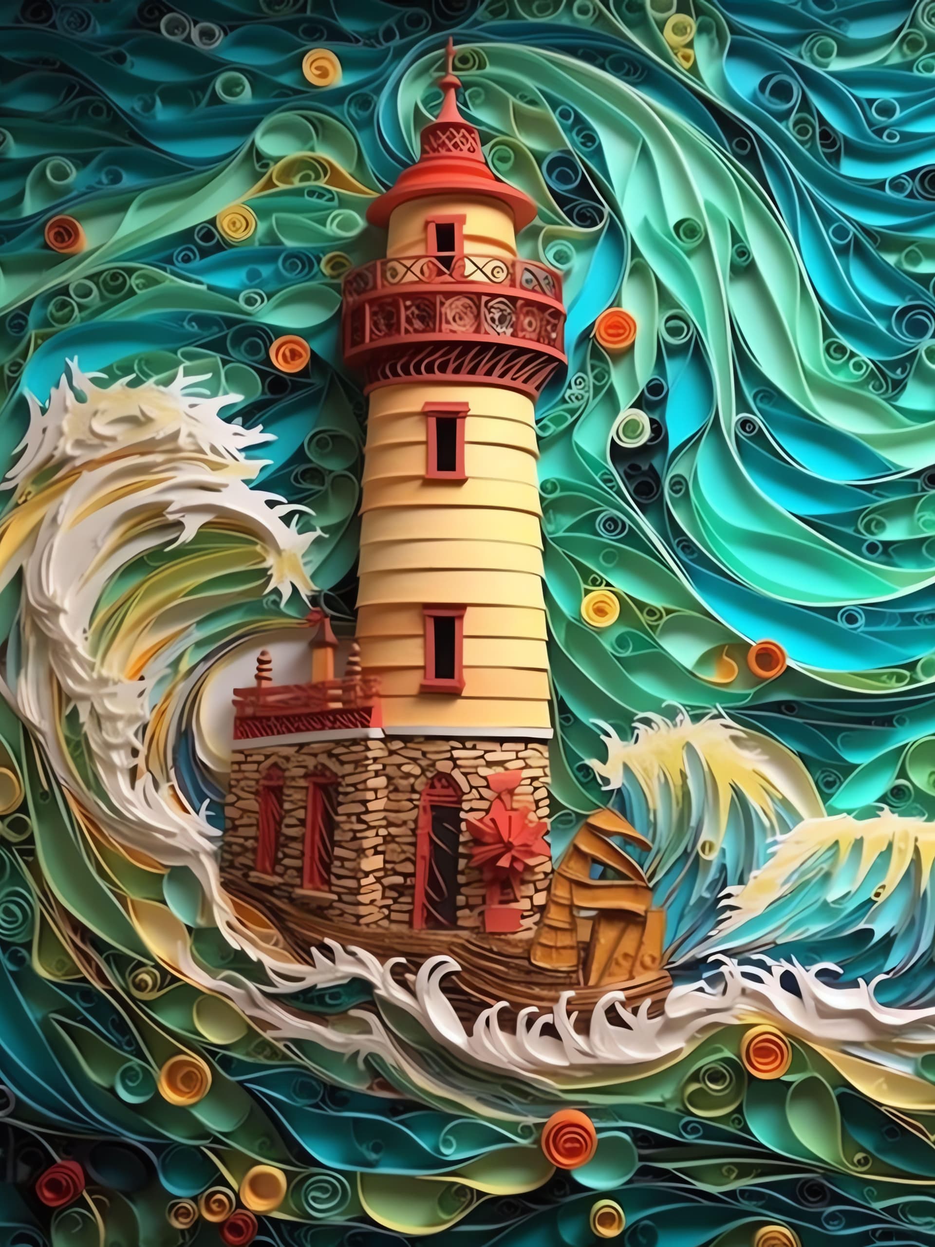 Quilled Lighthouse Waves - Pro phone wallpaper