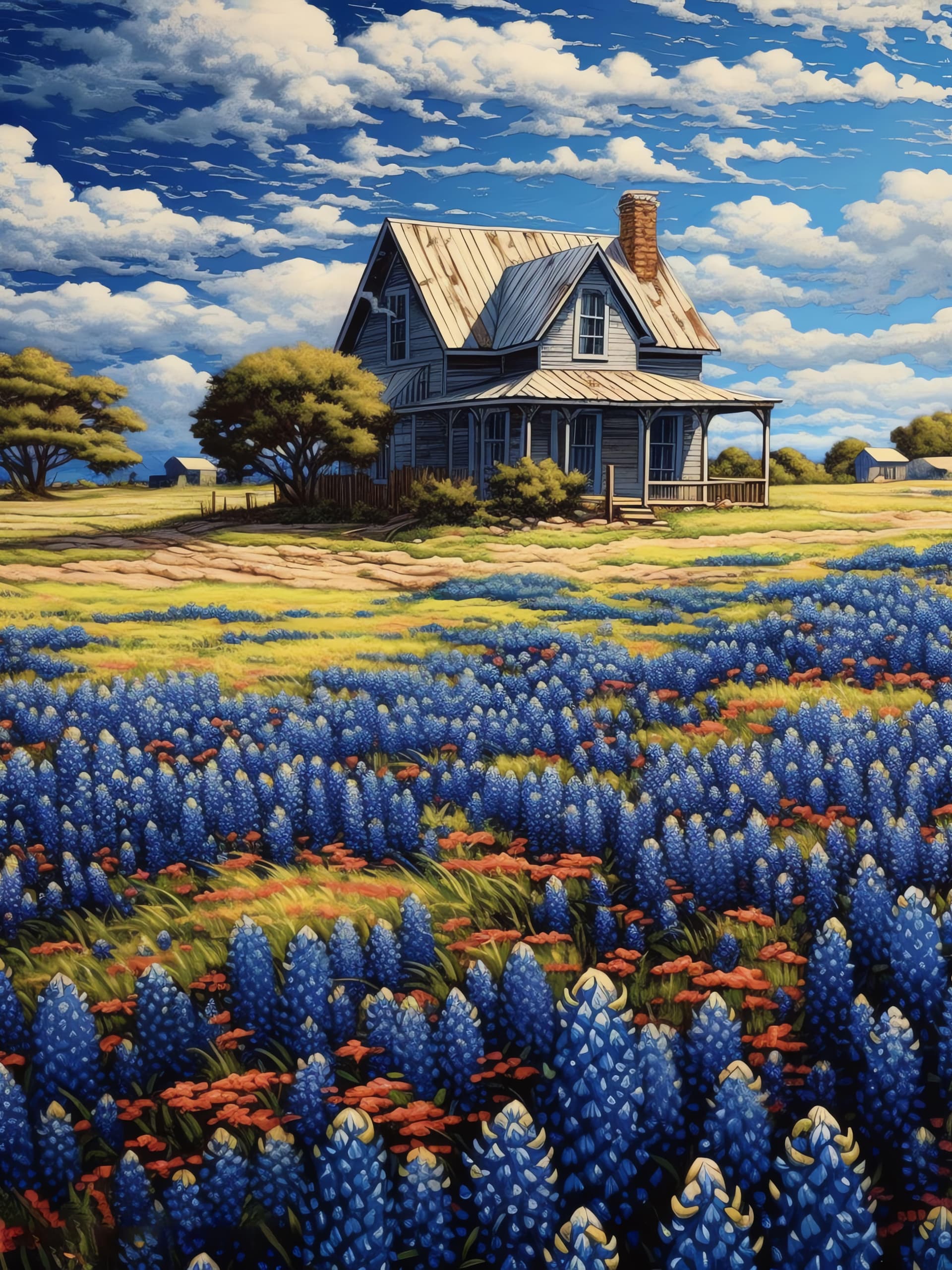 Bluebonnet Farmhouse Scene - Pro phone wallpaper