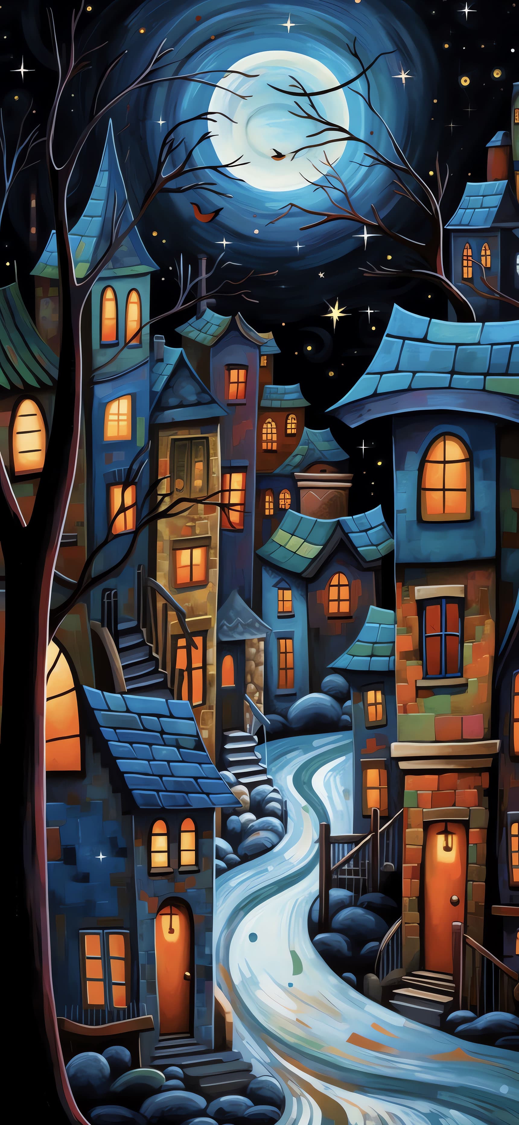 Moonlit Village Night - Pro phone wallpaper