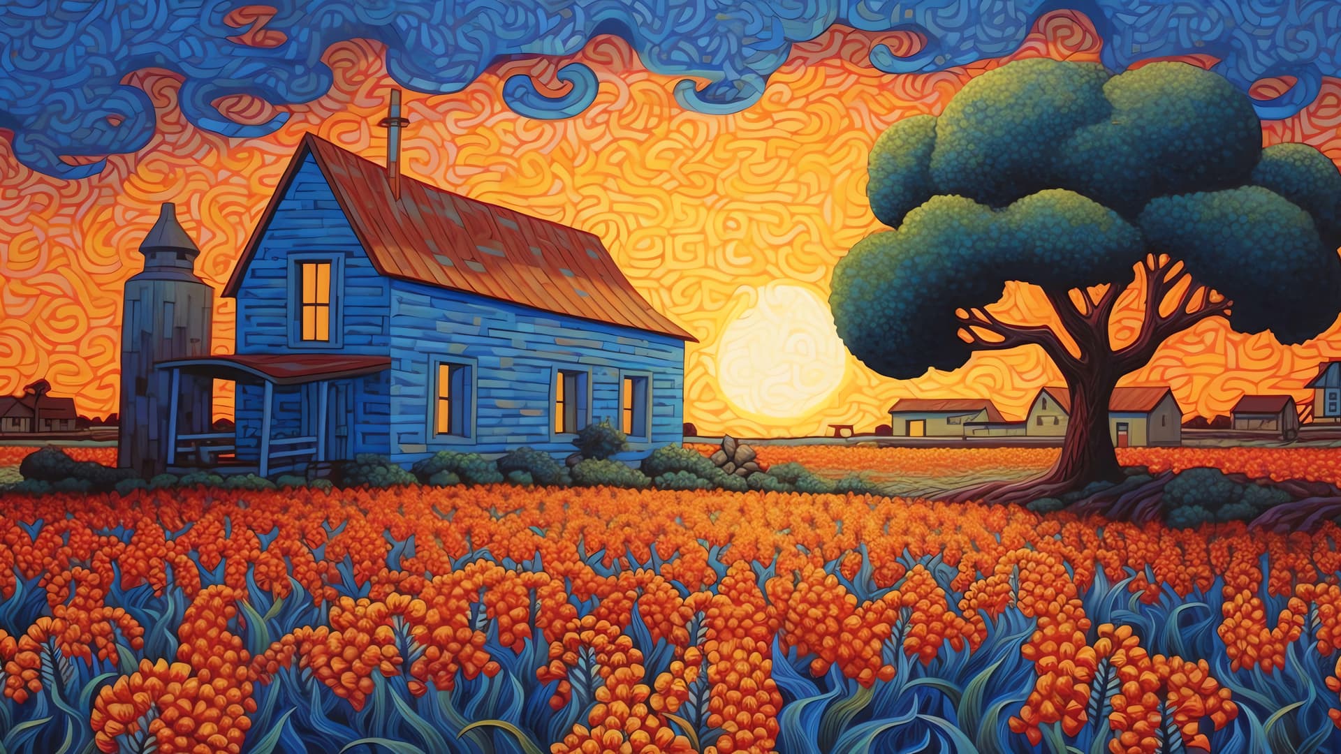 Blue House at Sunset - free desktop wallpaper