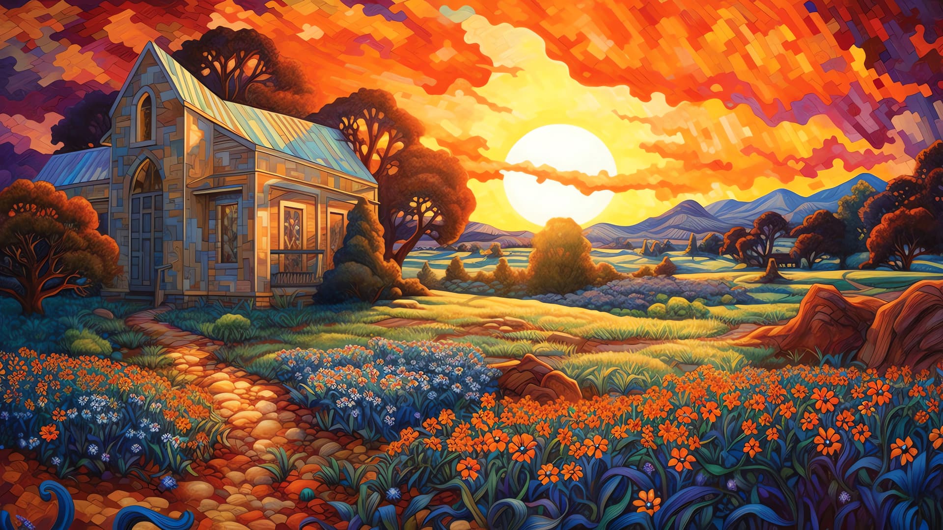 Sunset Stone House - free desktop wallpaper