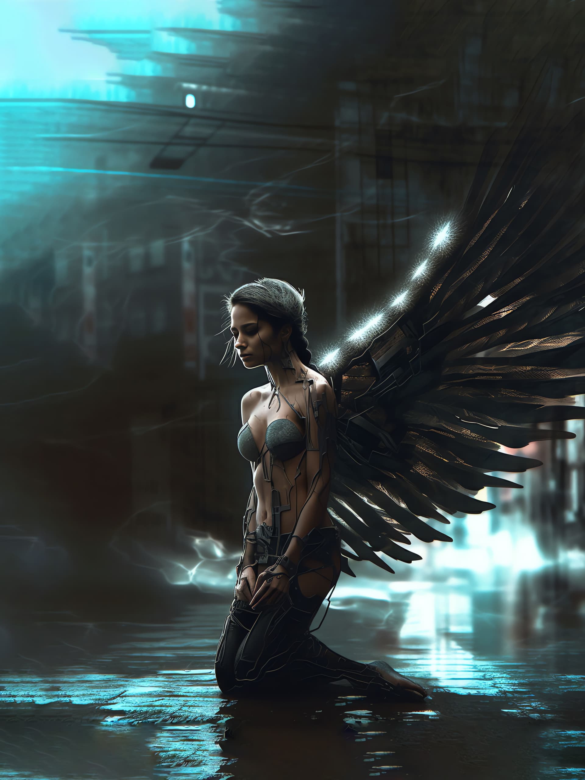 Cyberpunk Angel Kneeling - Pro phone wallpaper