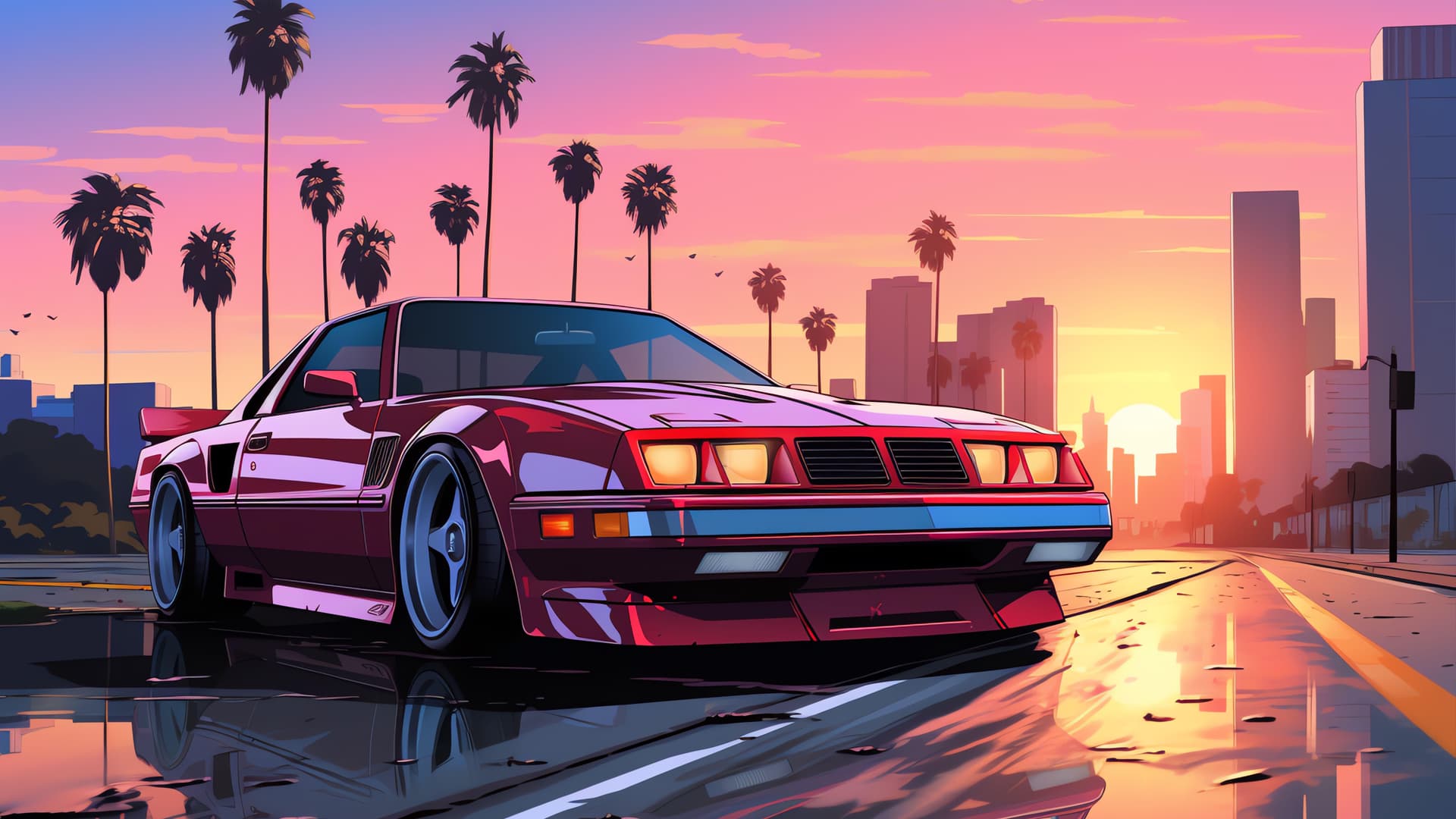 Retro Car Sunset - free desktop wallpaper