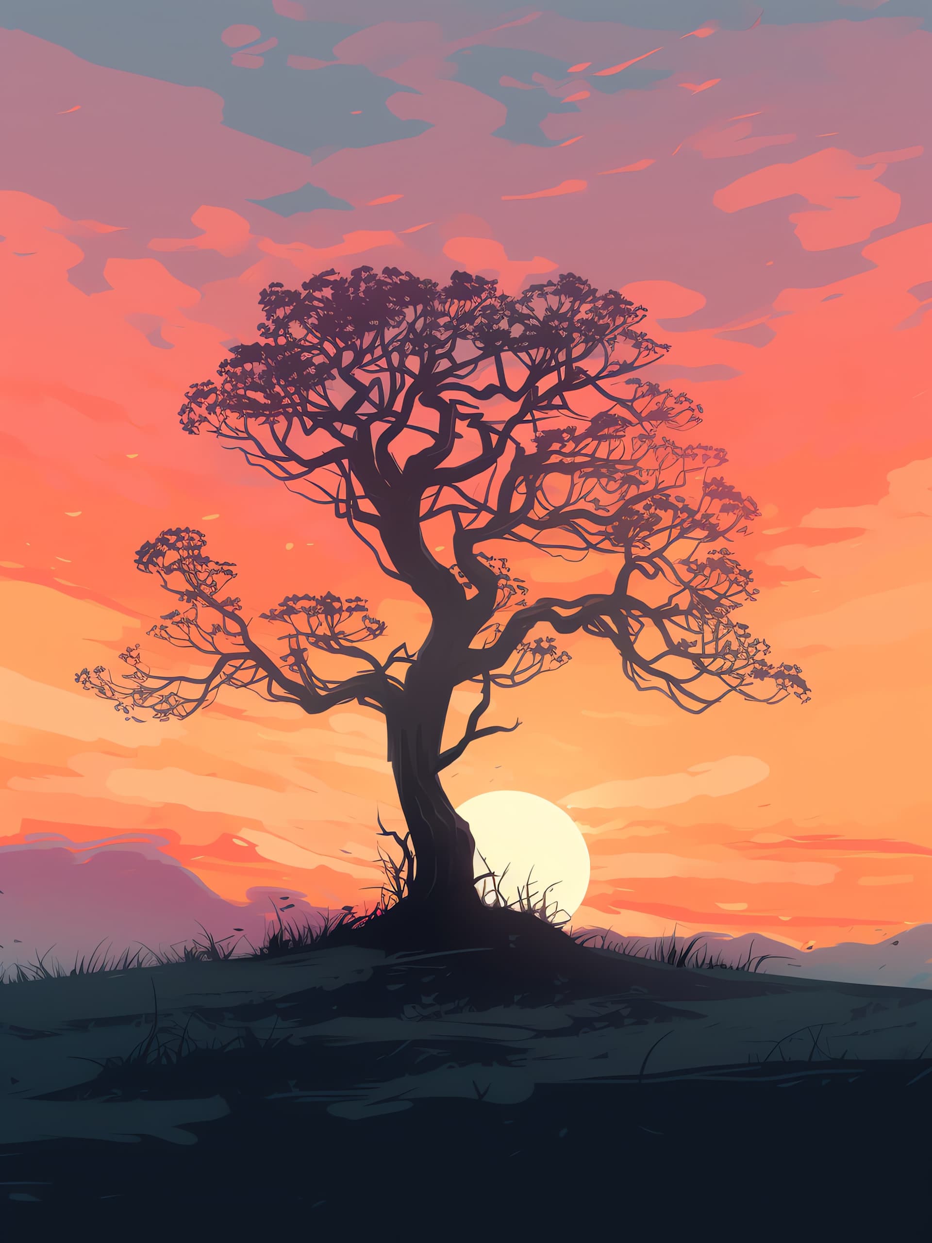 Silhouette Sunset Tree - free phone wallpaper