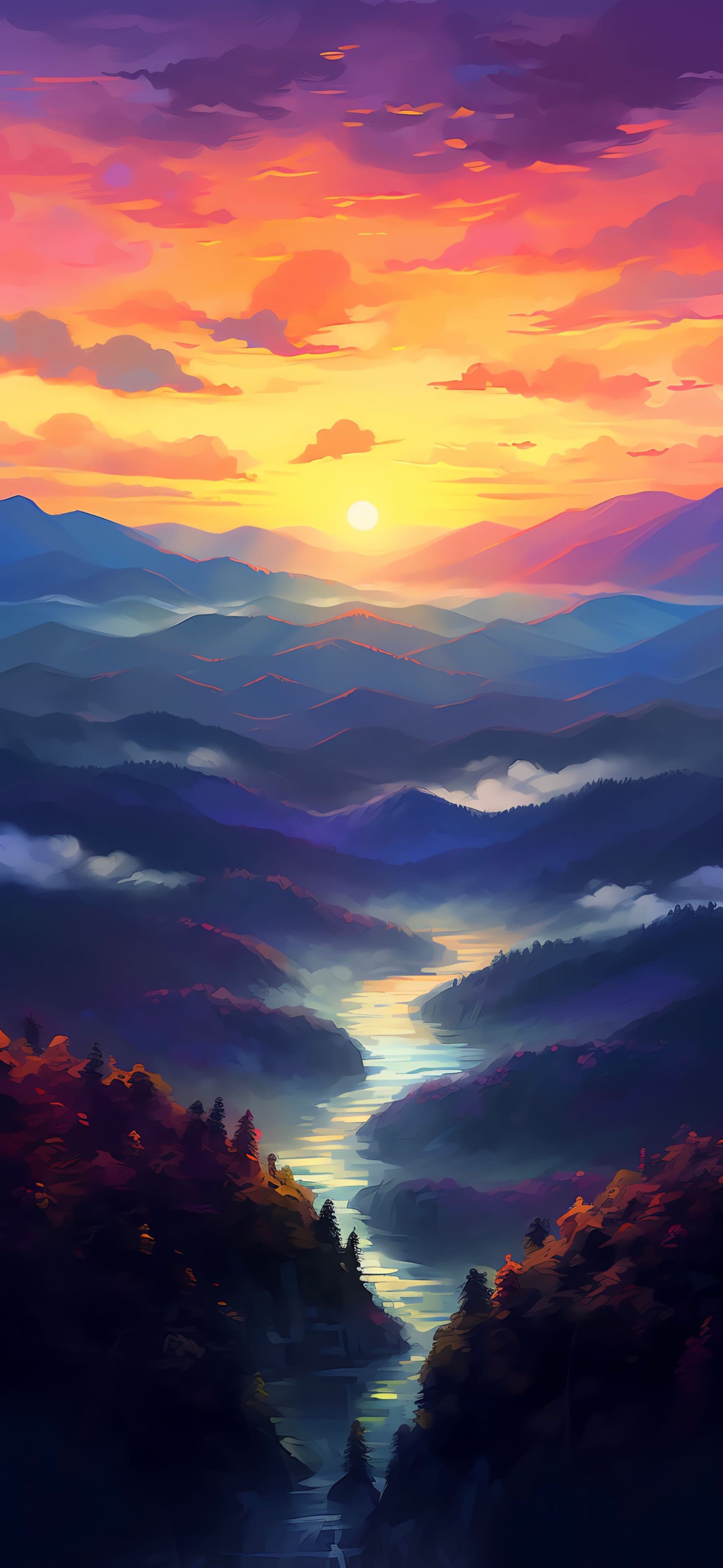 Sunset Mountain River - free phone wallpaper