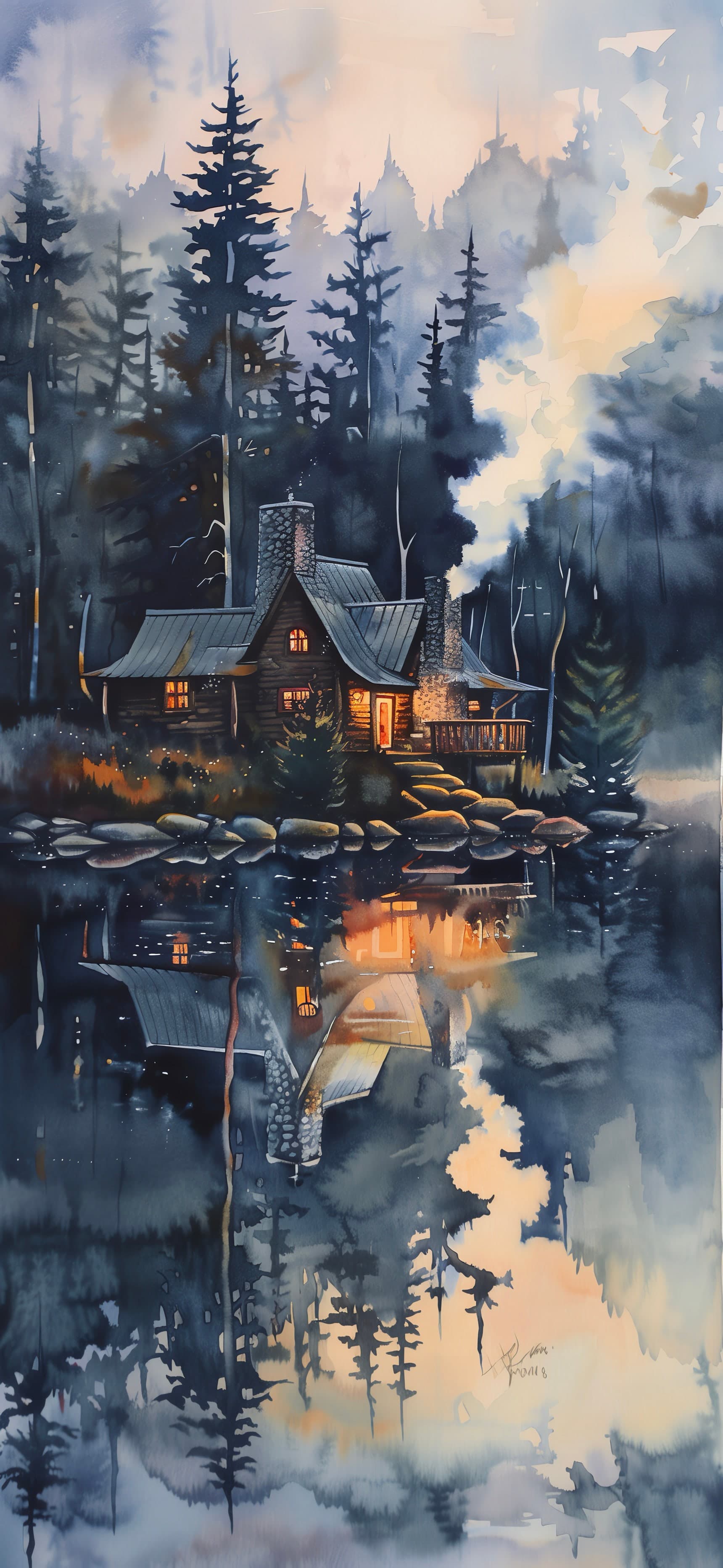 Cabin Lakeside Reflection - free phone wallpaper