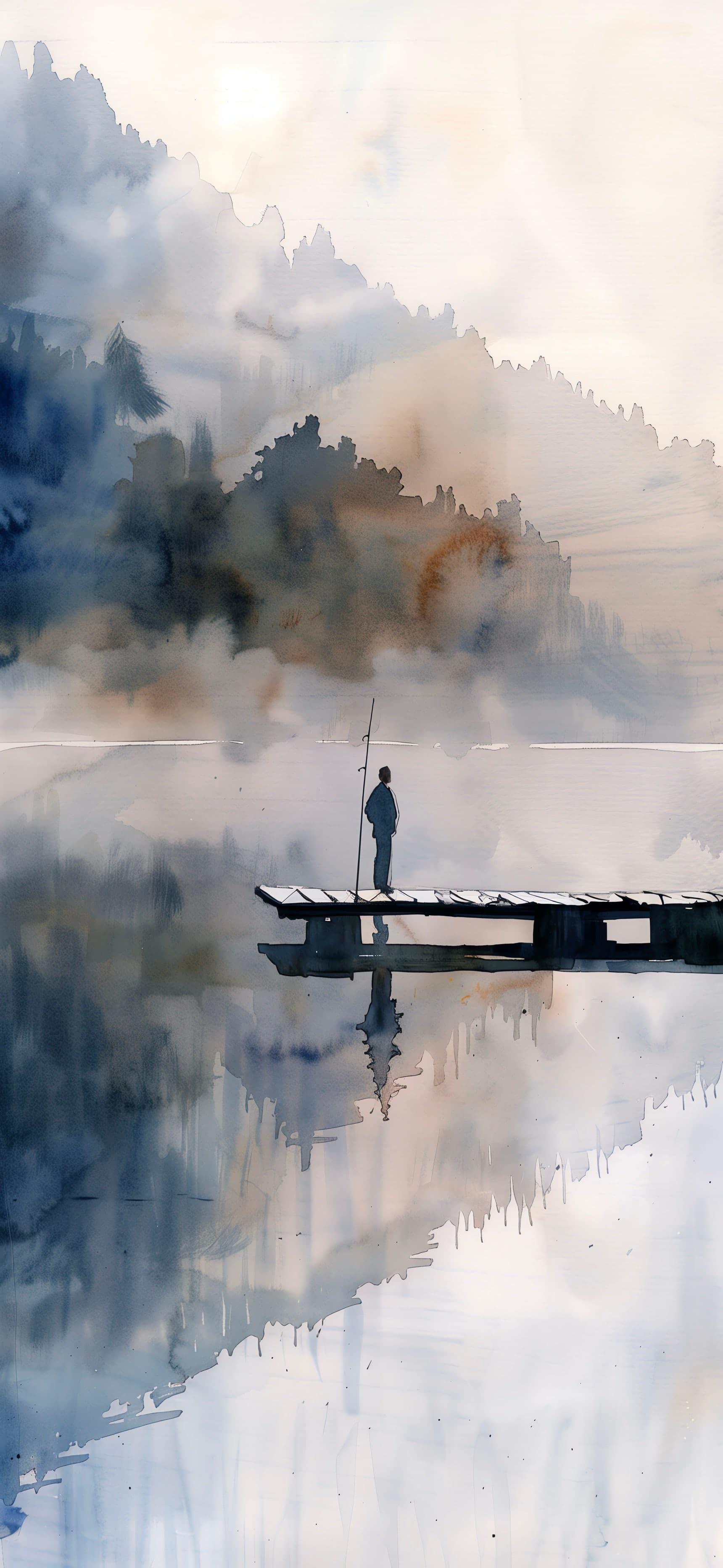 Misty Lake Fisherman - free phone wallpaper
