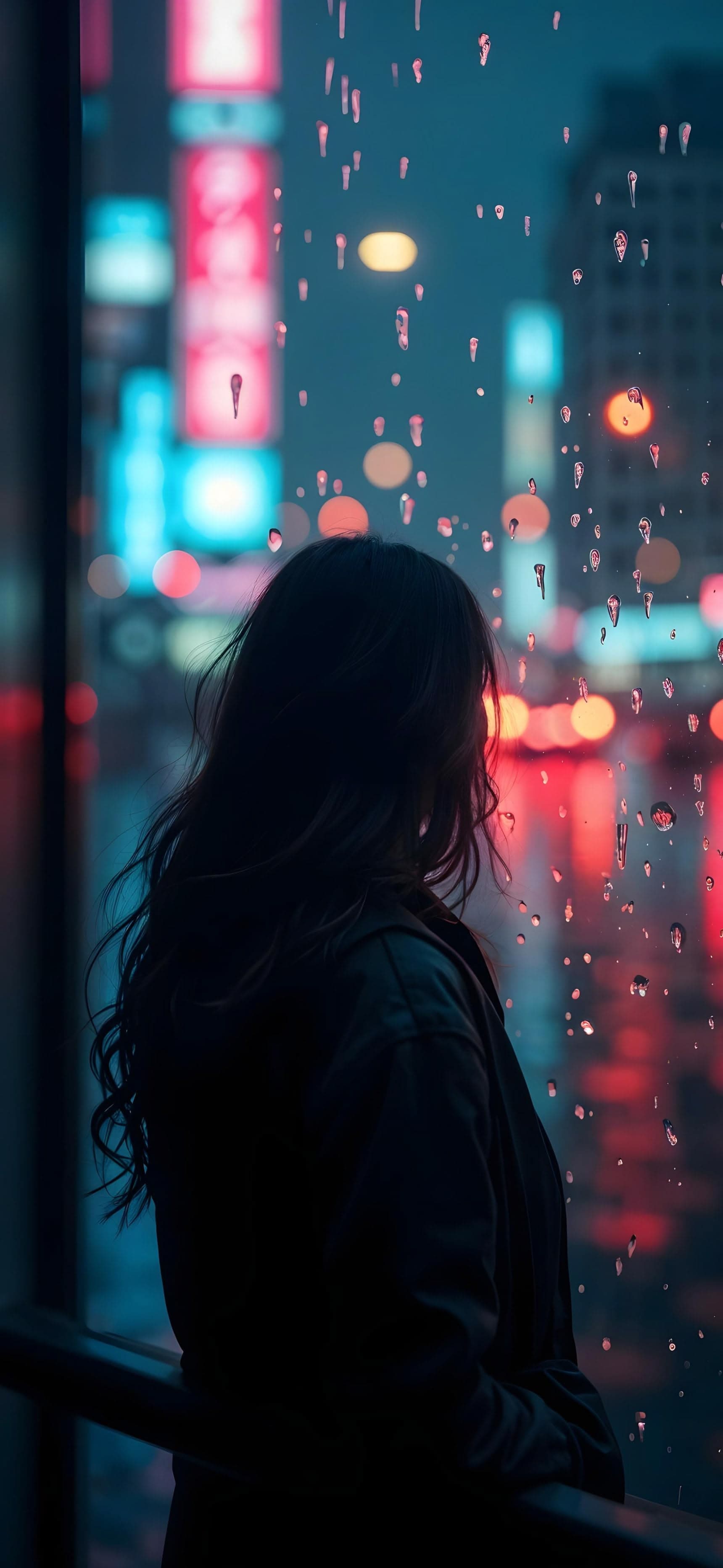 Rainy Neon Wait - free phone wallpaper