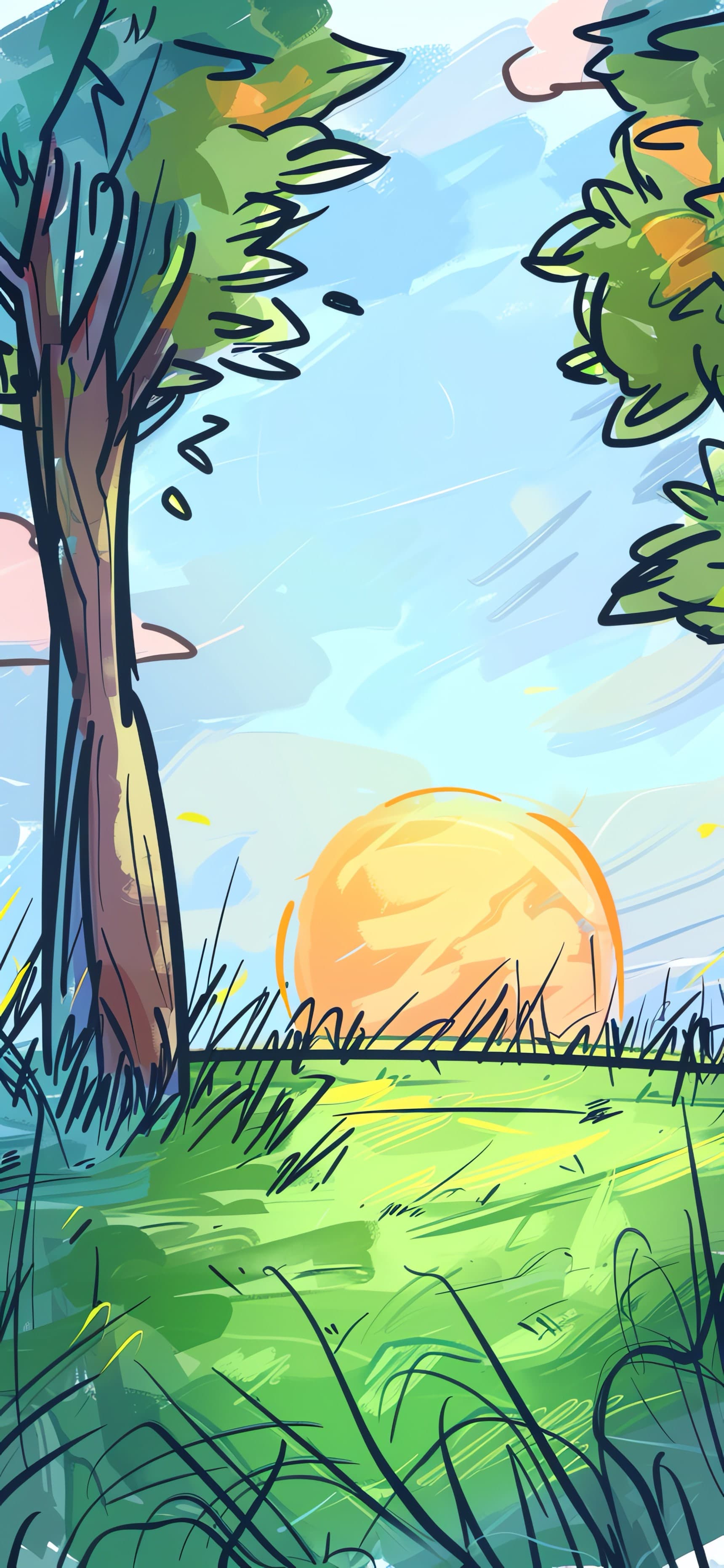 Cartoon Field Sunset - free phone wallpaper