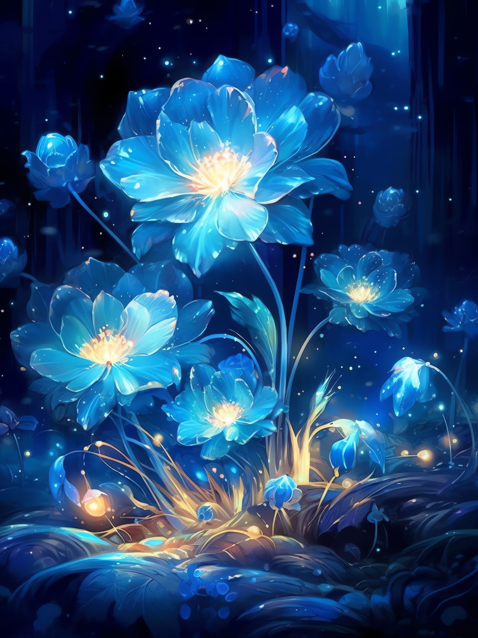 Luminous Blue Flowers - free phone wallpaper