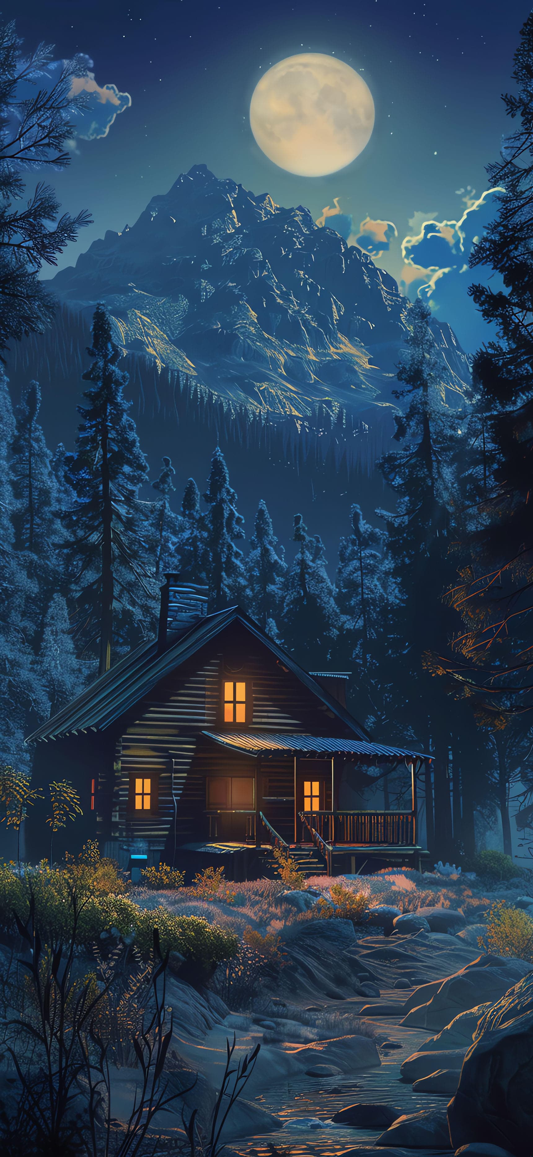 Moonlit Cabin Retreat - free phone wallpaper