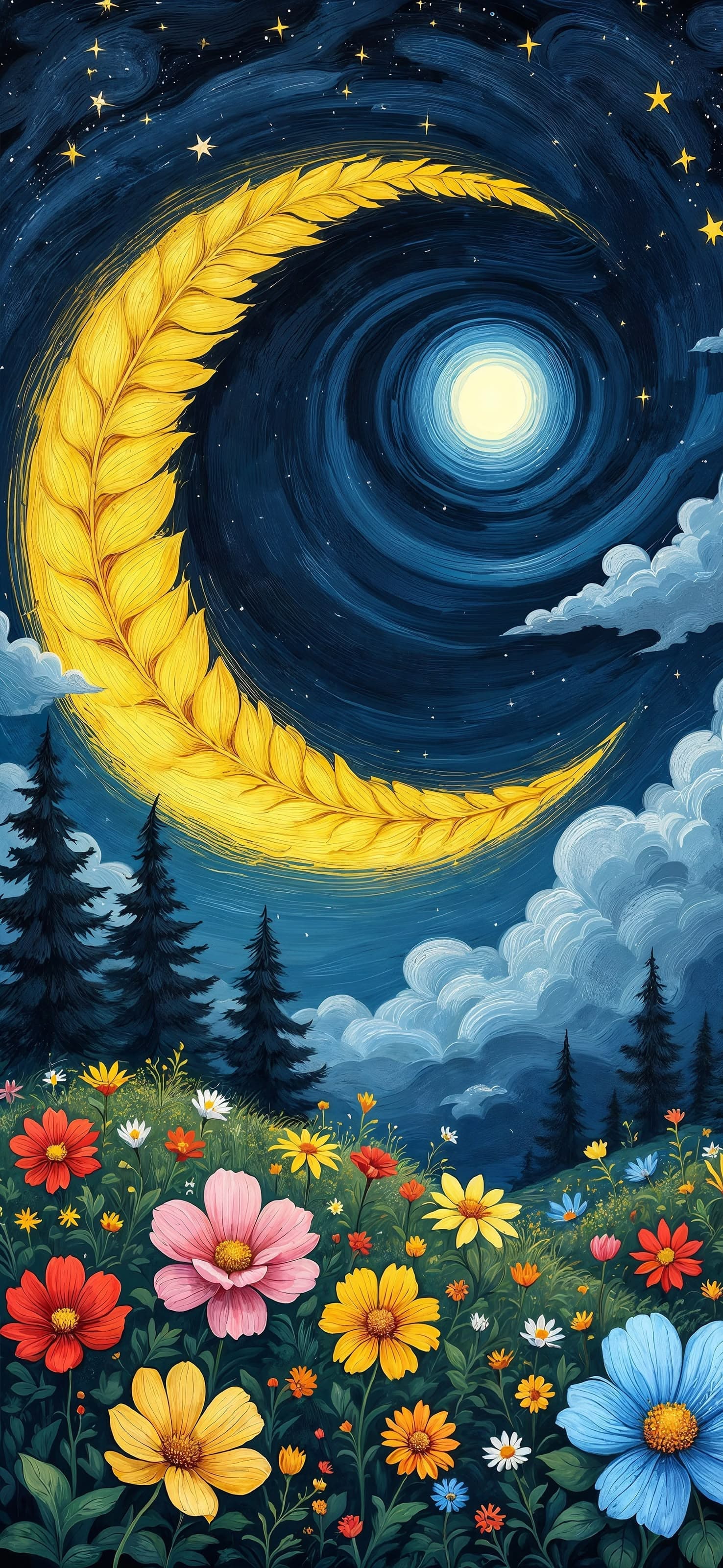 Moonlit Floral Landscape - free phone wallpaper