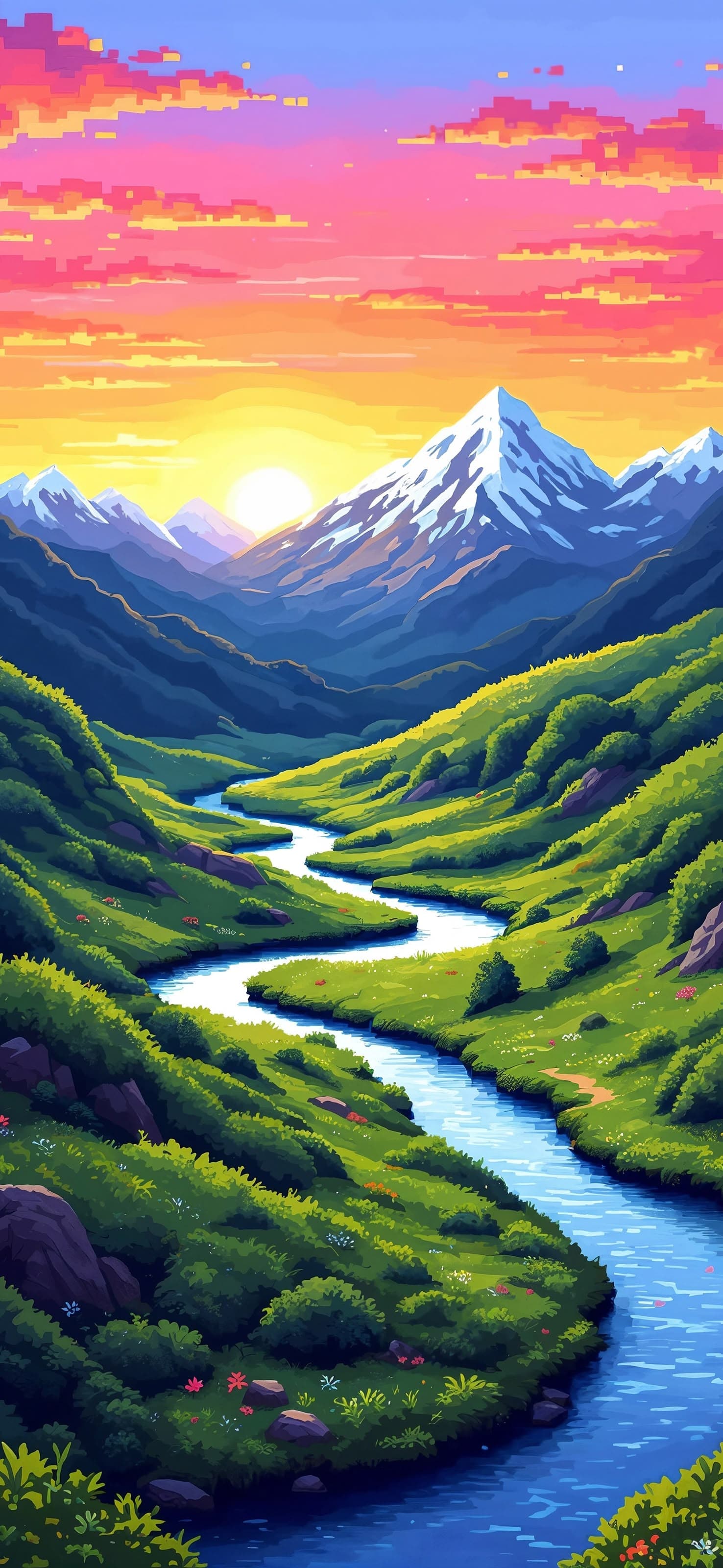 Mountain River Sunset - free phone wallpaper