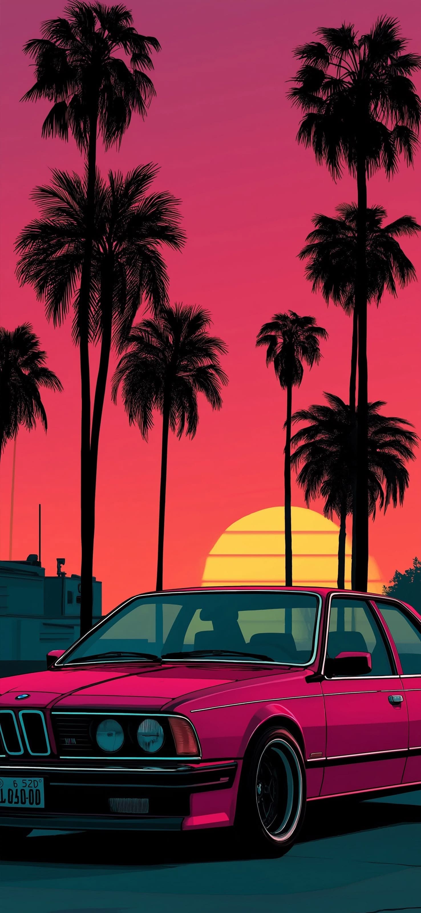 Retro sunset with Car parked 1 - free phone wallpaper