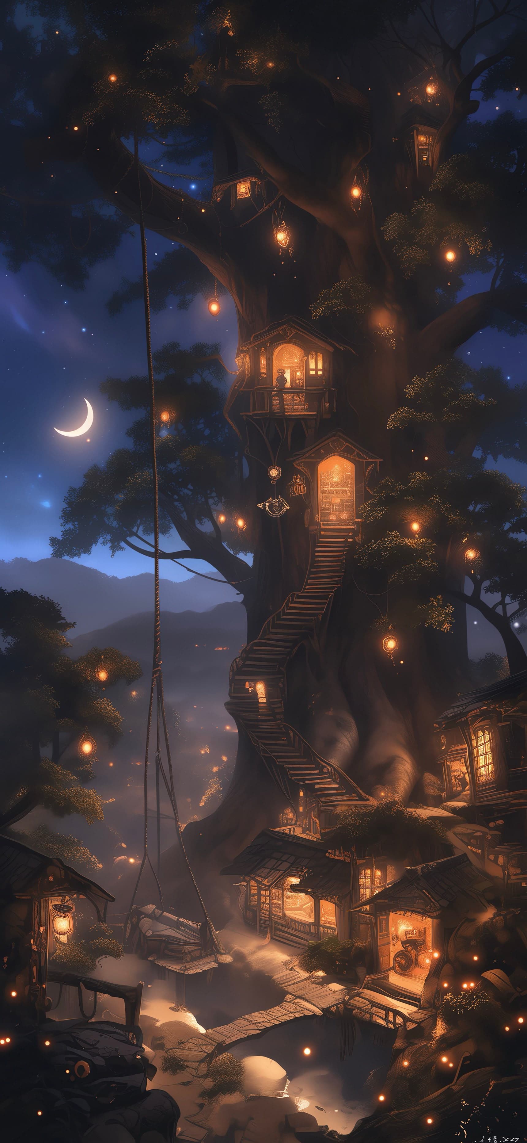 Treehouse at Night - free phone wallpaper
