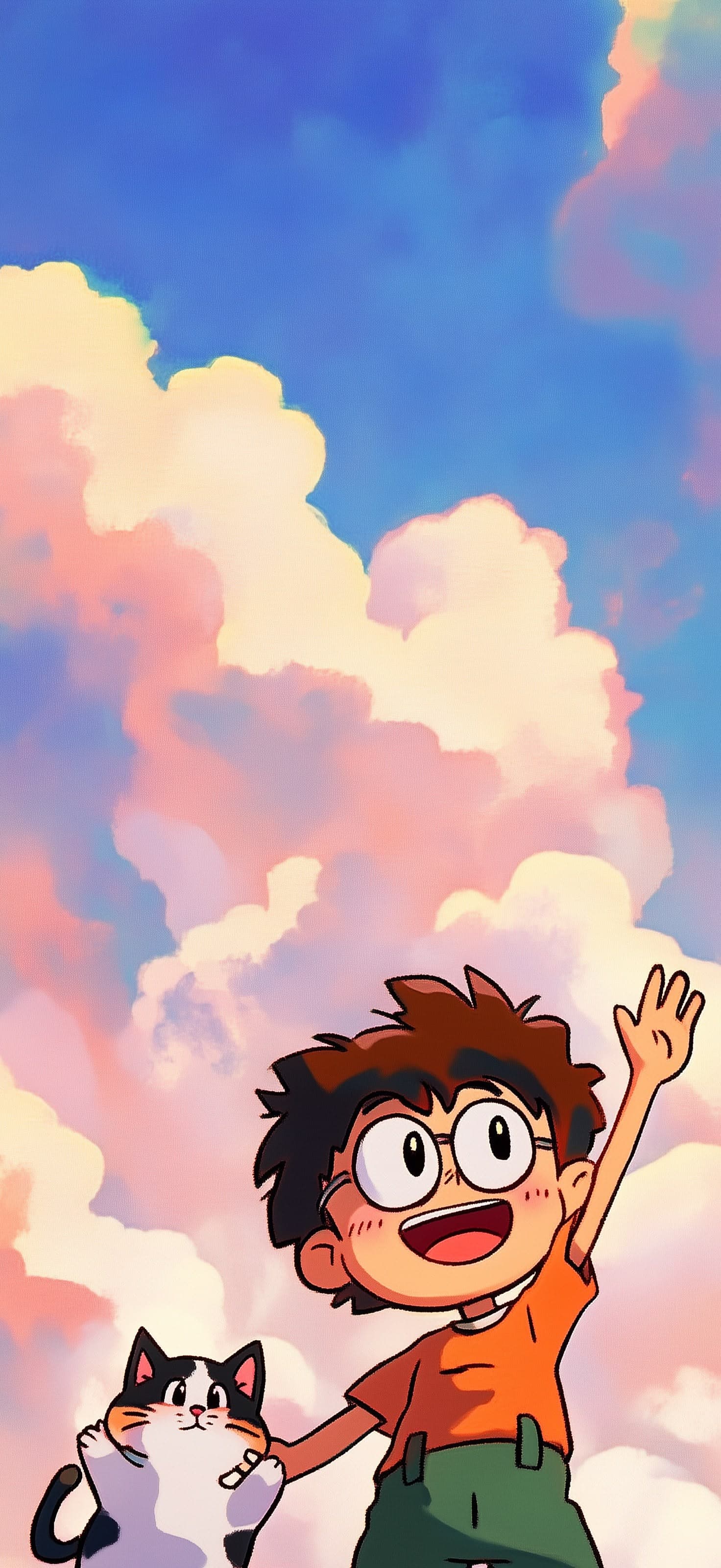 Joyful Boy and Cat - free phone wallpaper