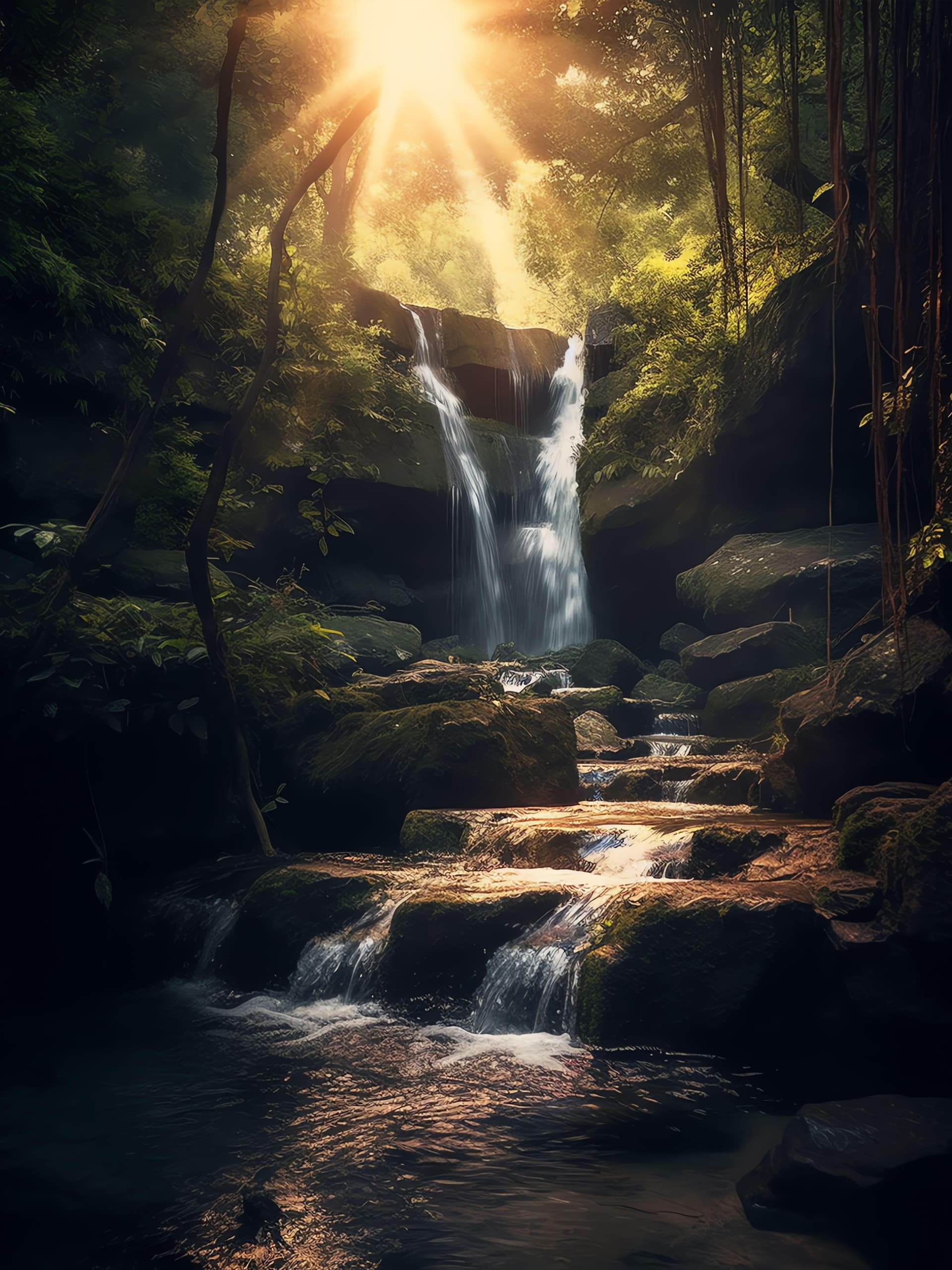 Sunlit Forest Cascade - Pro phone wallpaper