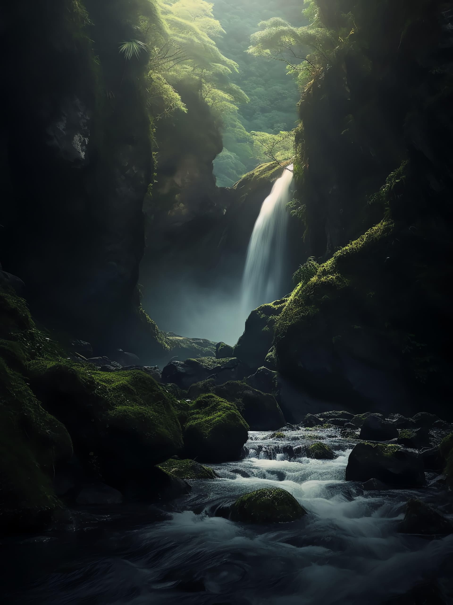 Mystical Forest Waterfall - Pro phone wallpaper