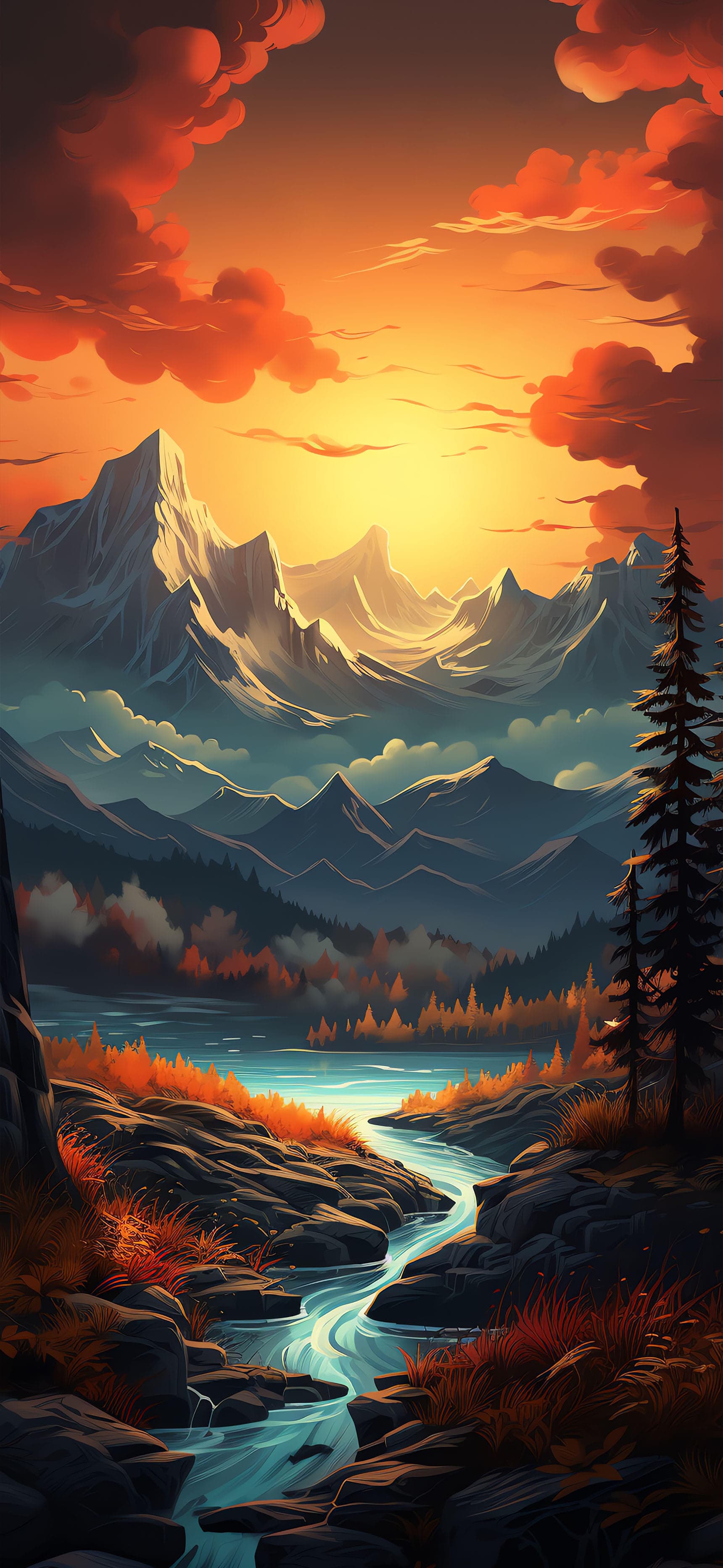 Mountain Stream Sunset - Pro phone wallpaper