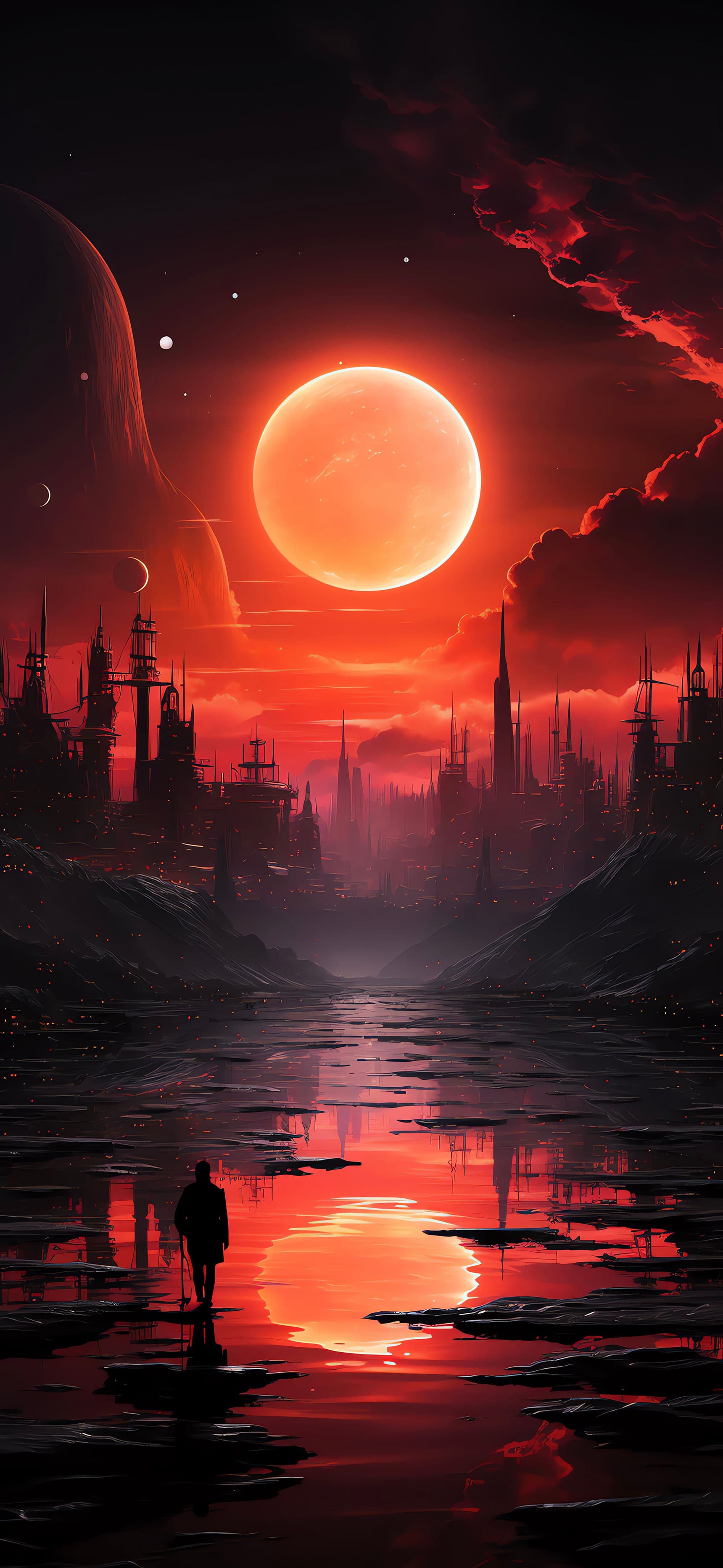 Crimson Lunar Cityscape - Pro phone wallpaper