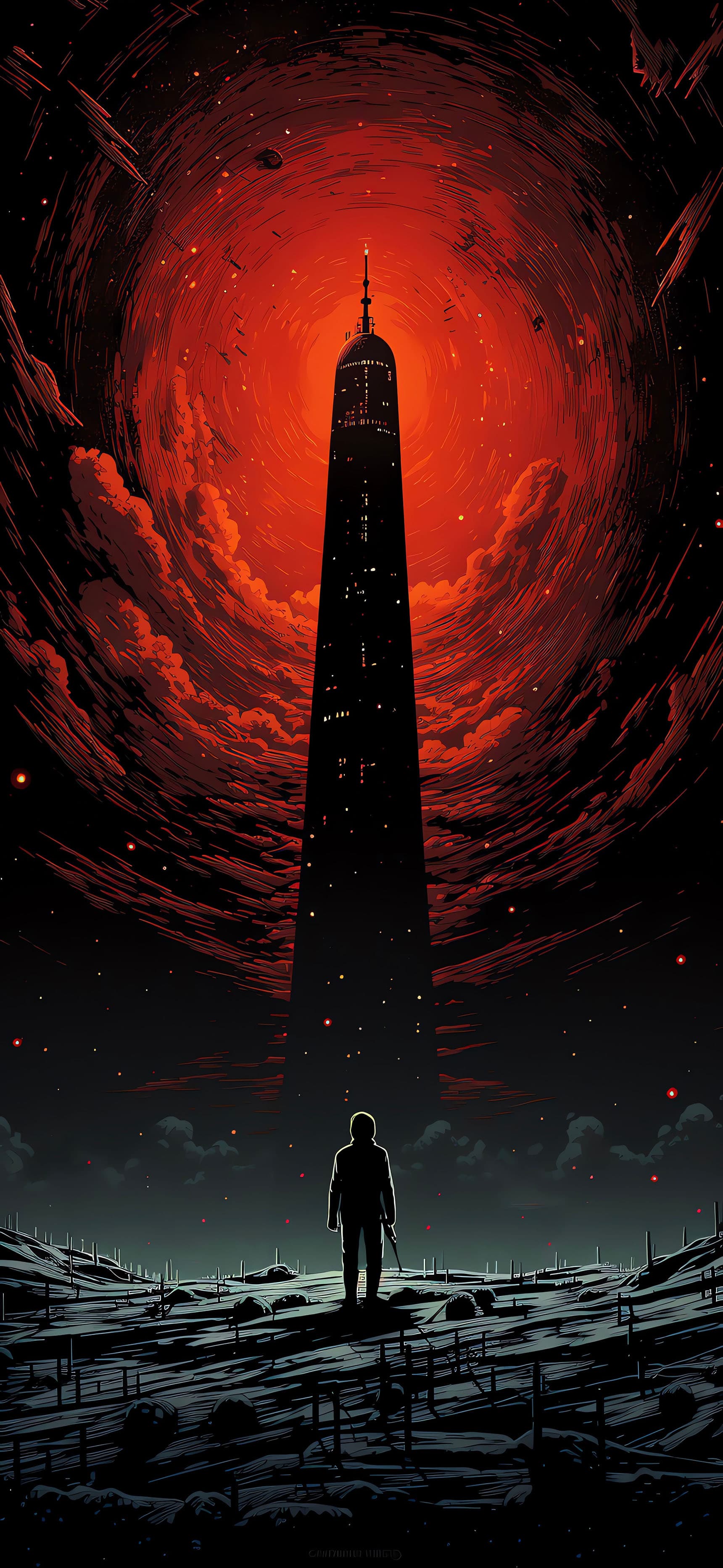 Dystopian Tower Silhouette - Pro phone wallpaper