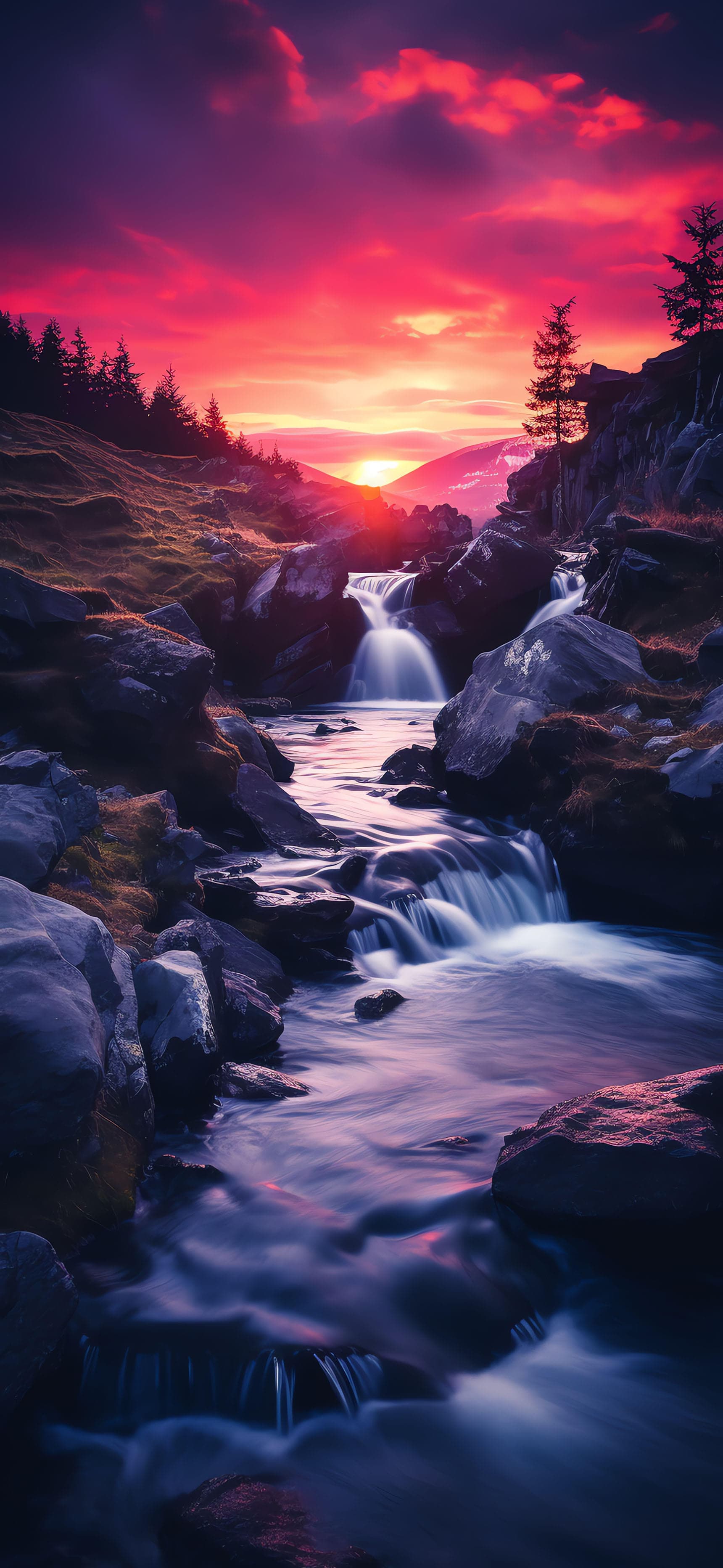 Crimson Waterfall Scenery - Pro phone wallpaper