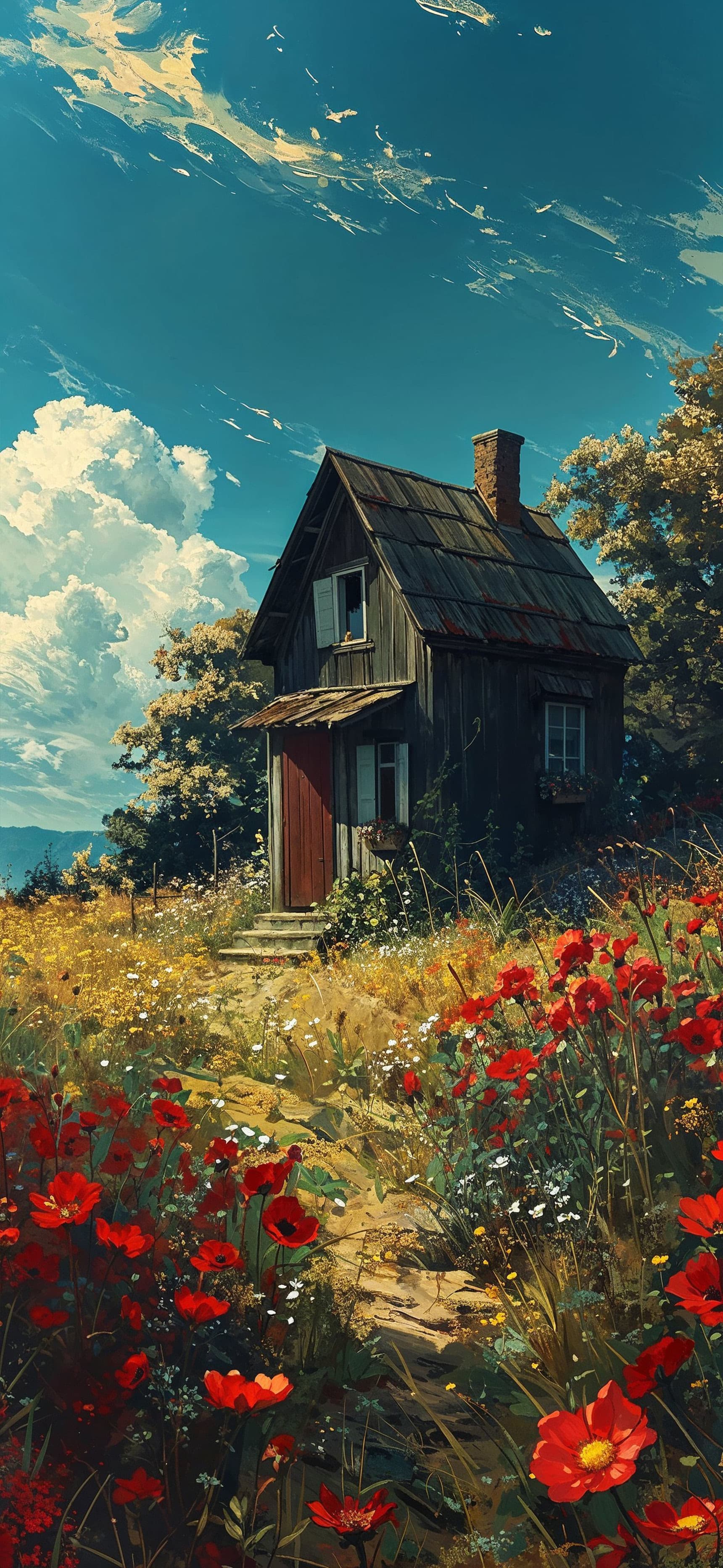 Cabin Poppy Field - Pro phone wallpaper