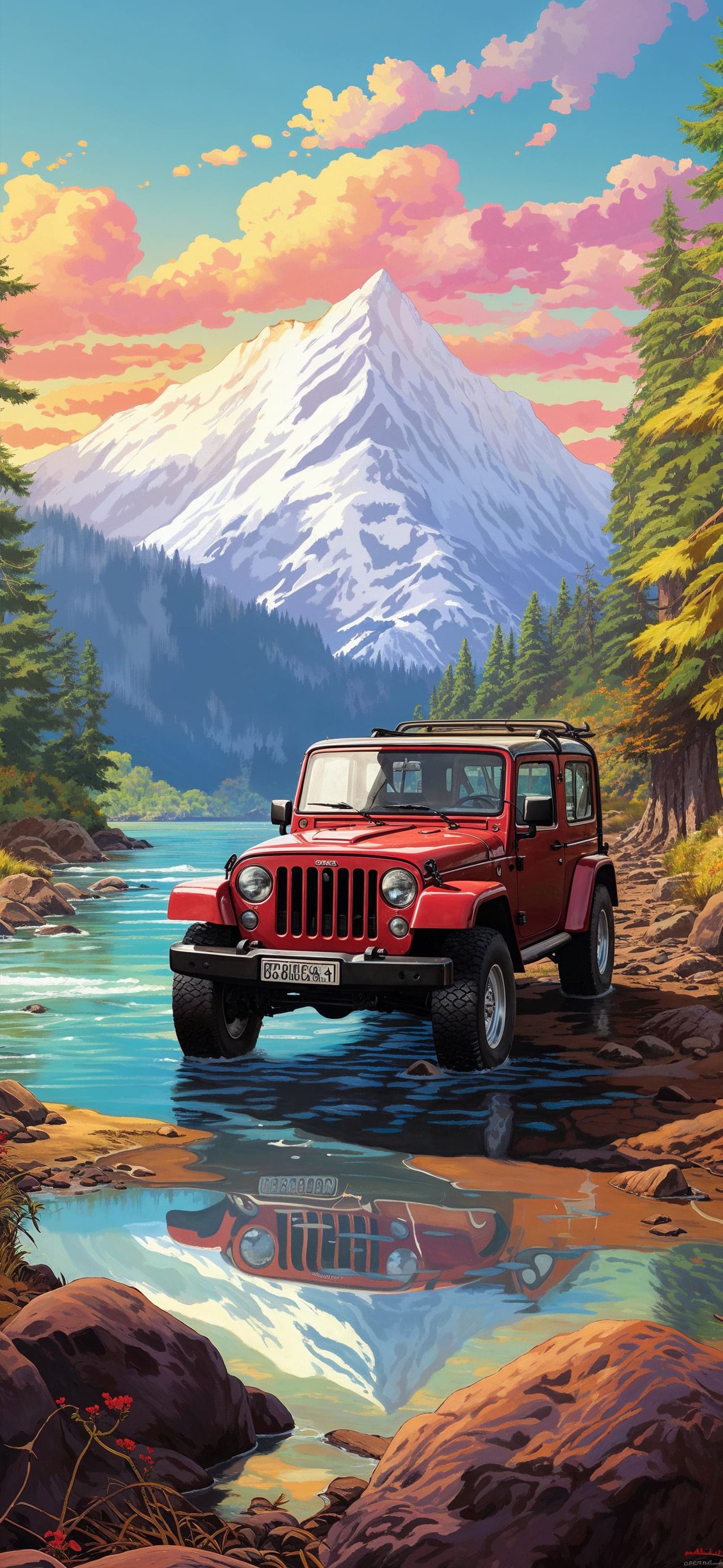 Red Jeep River - Pro phone wallpaper