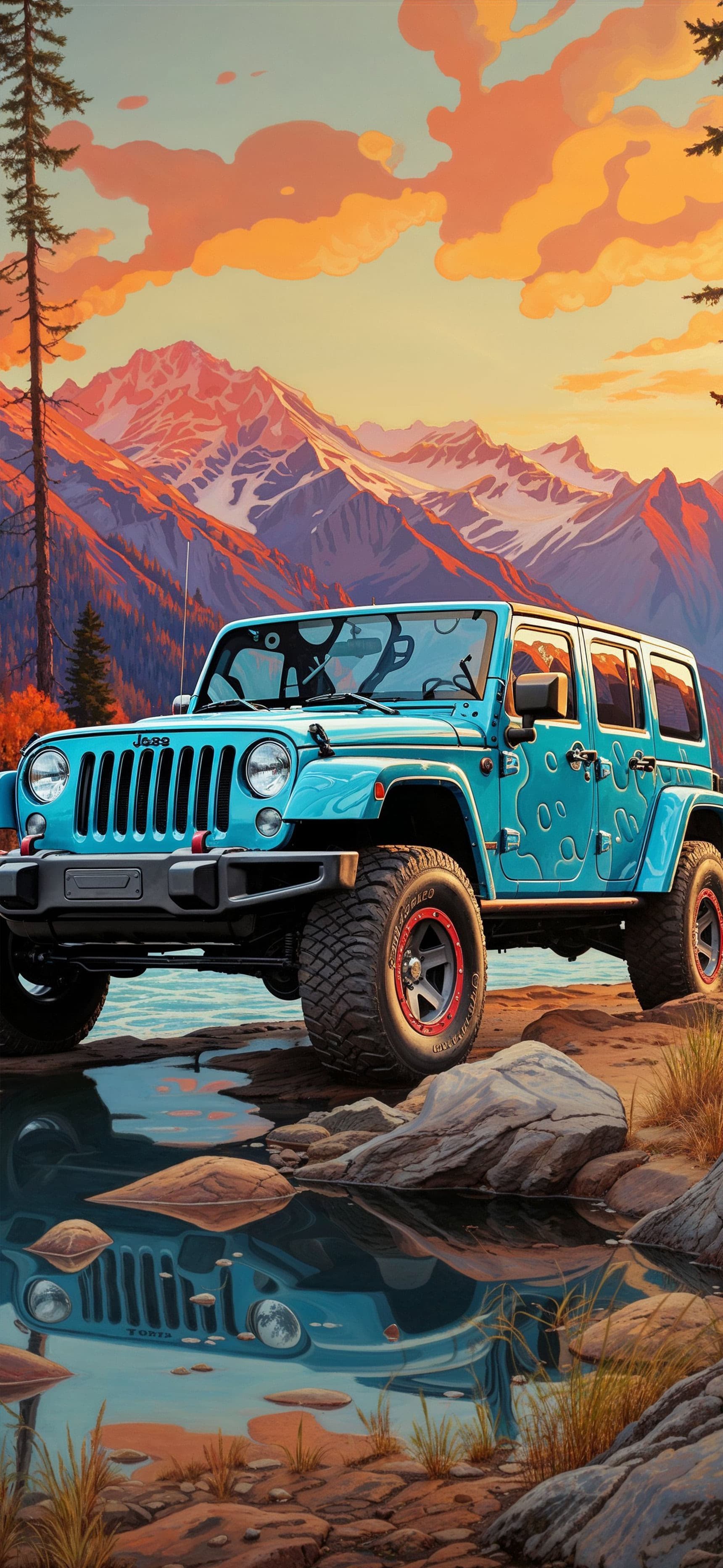 Teal Jeep Mountains - Pro phone wallpaper