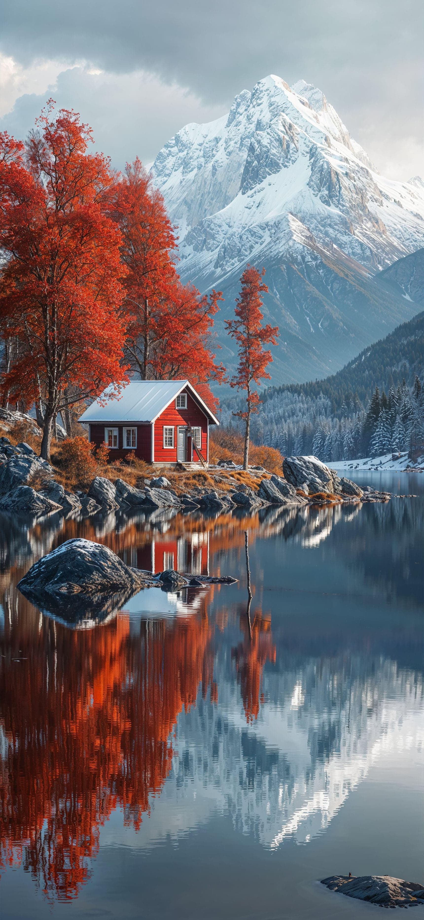 Winter Cabin Reflection - Pro phone wallpaper