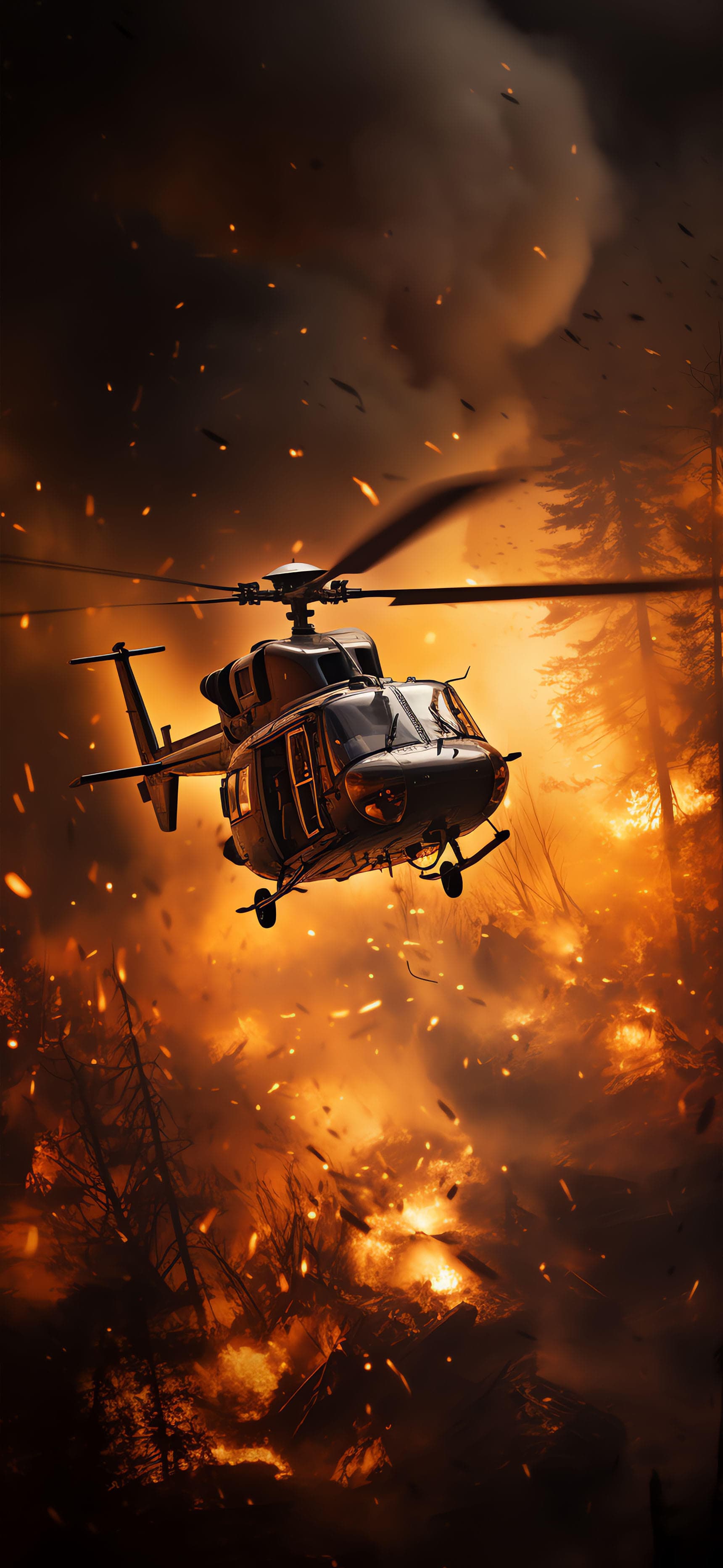 Burning Forest Helicopter - Pro phone wallpaper