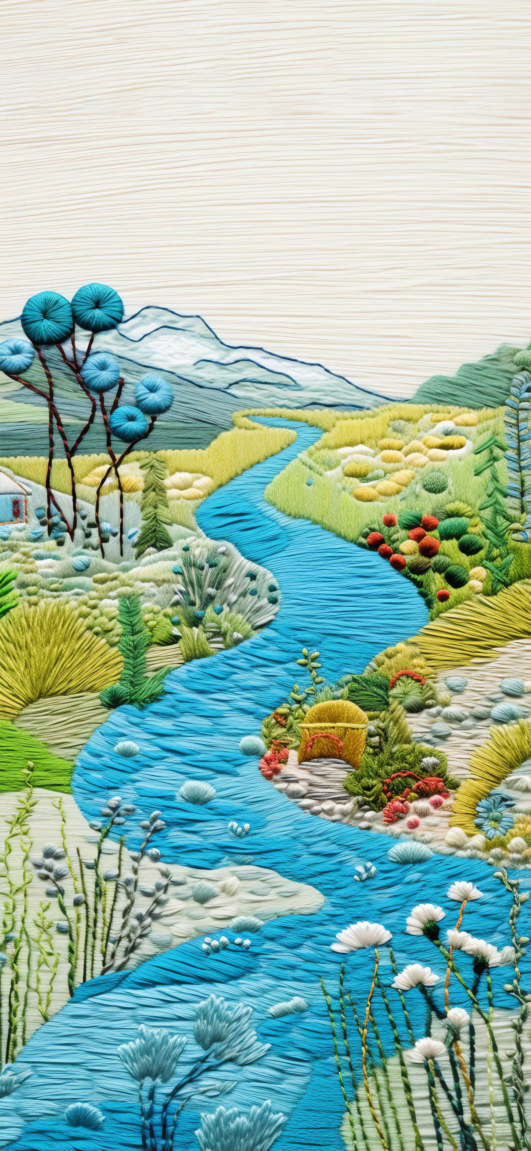 Embroidered River Scene - Pro phone wallpaper