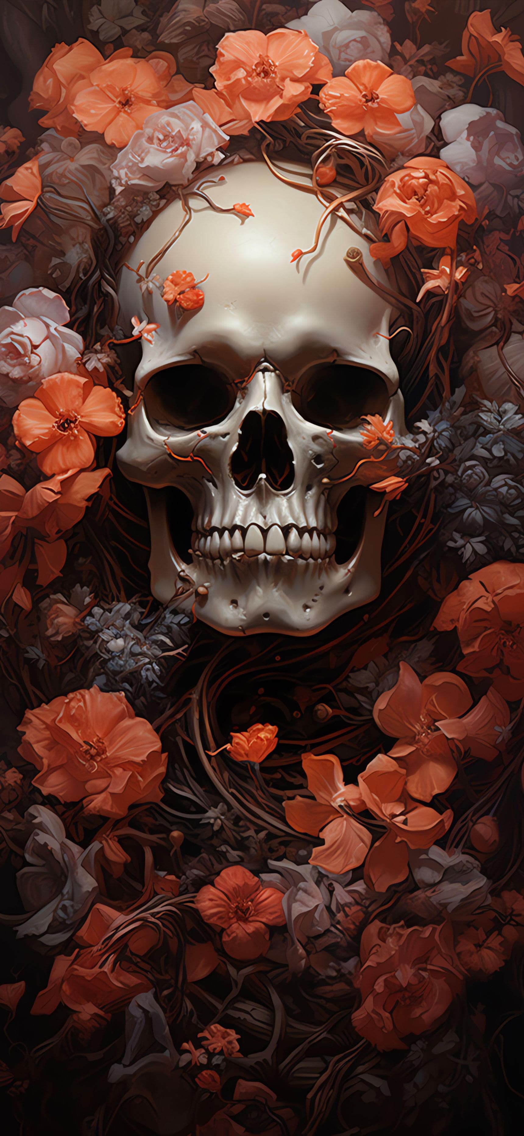 Ornate Skull Flowers - Pro phone wallpaper
