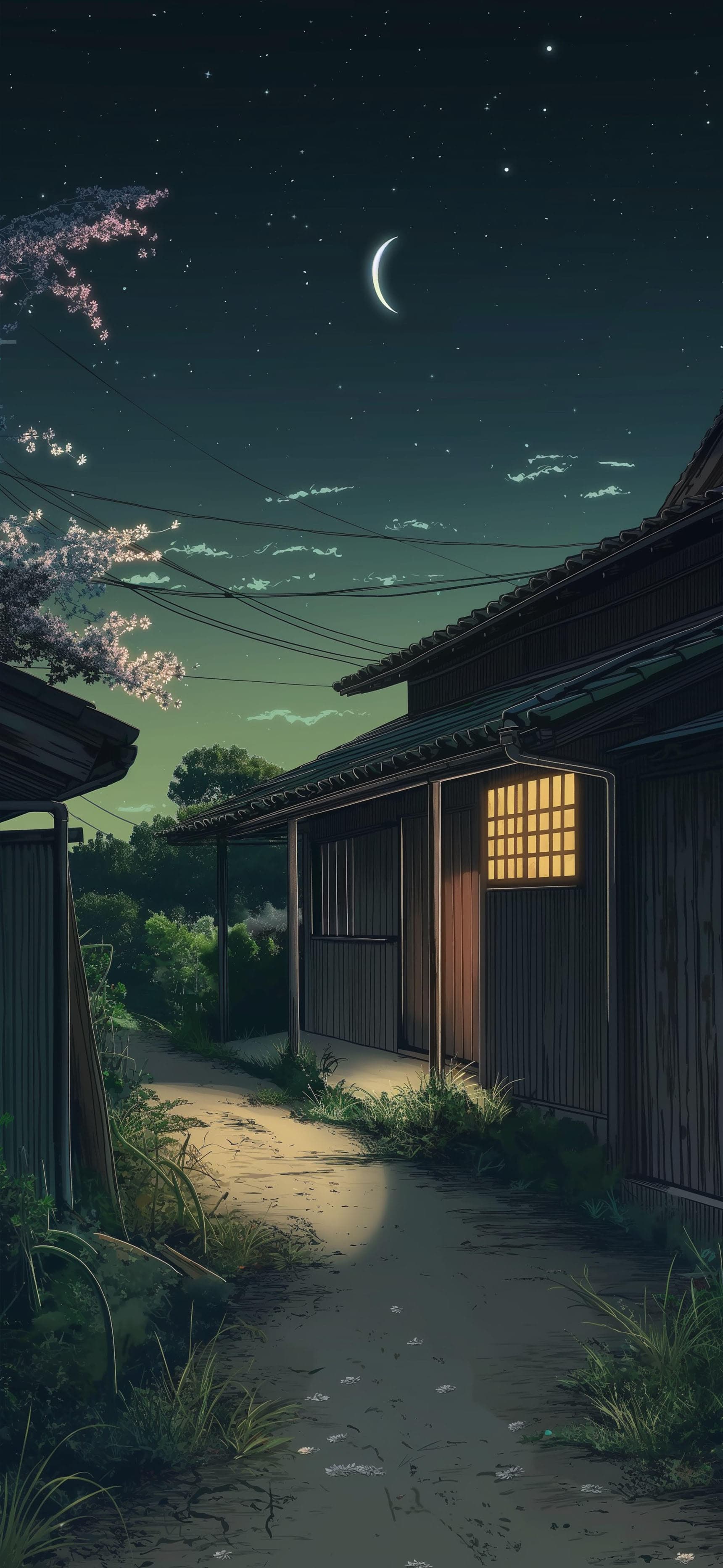 Moonlit Village Path - Pro phone wallpaper