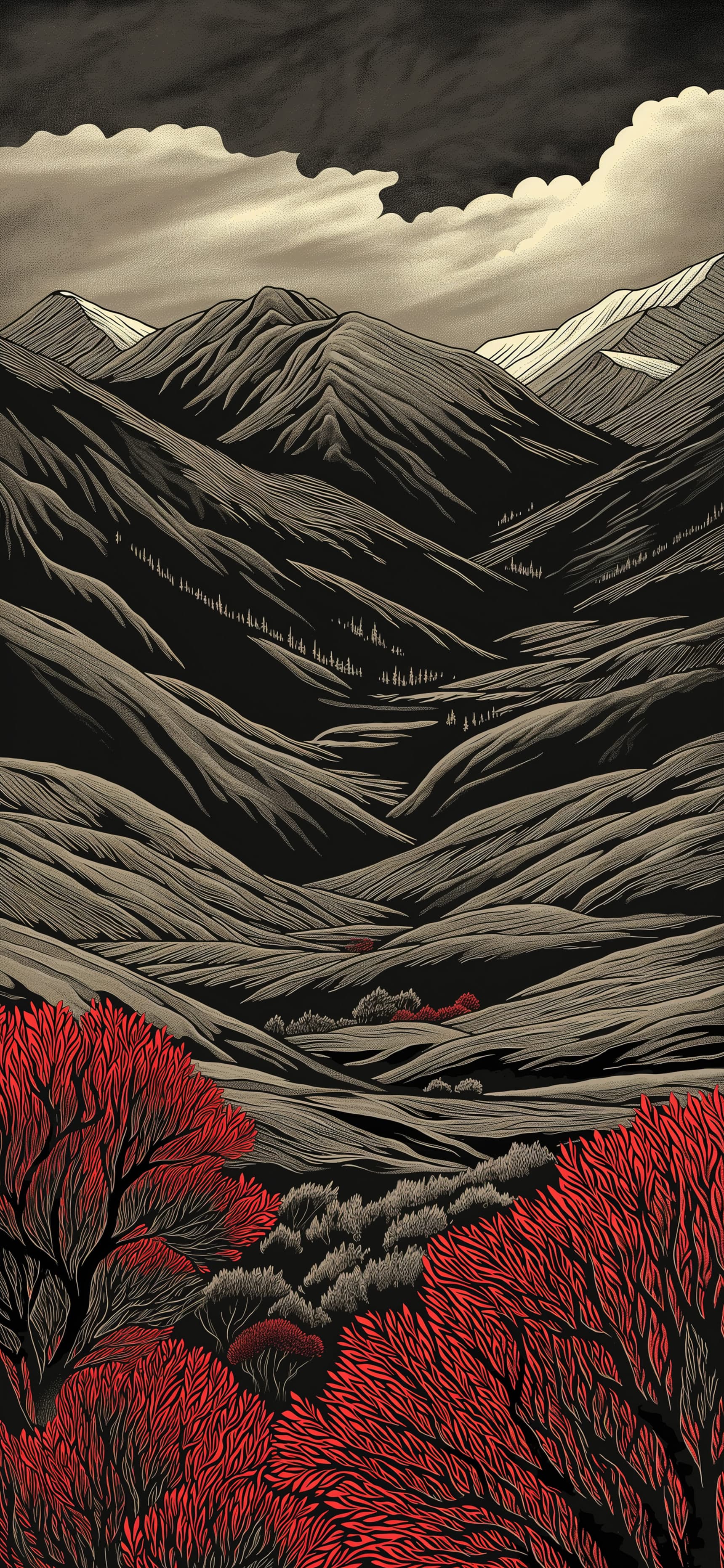 Monochrome Mountain Valley - Pro phone wallpaper