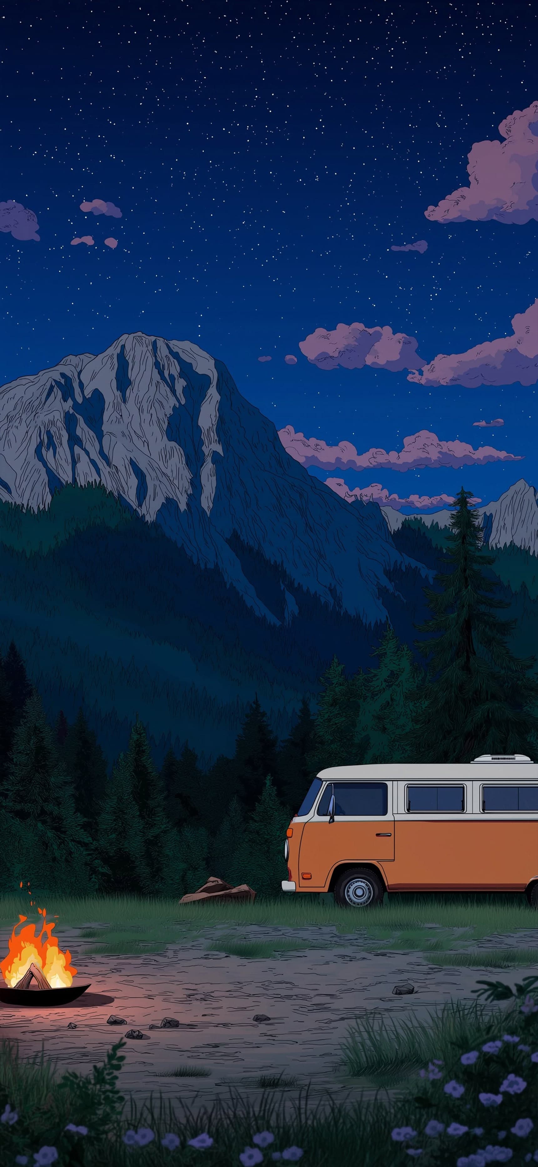 Orange minivan and camp fire 1 - Pro phone wallpaper