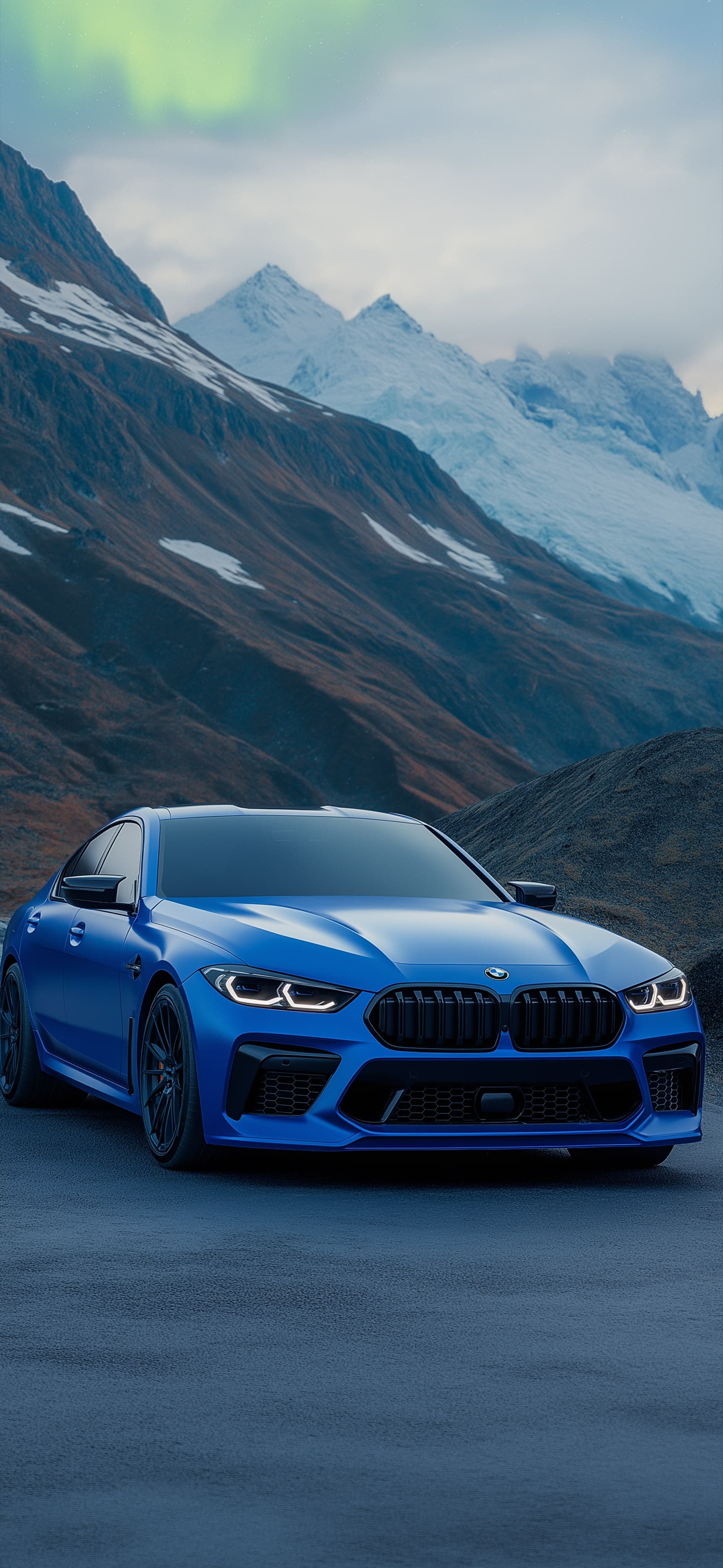 Blue car with snowy mountains - Pro phone wallpaper