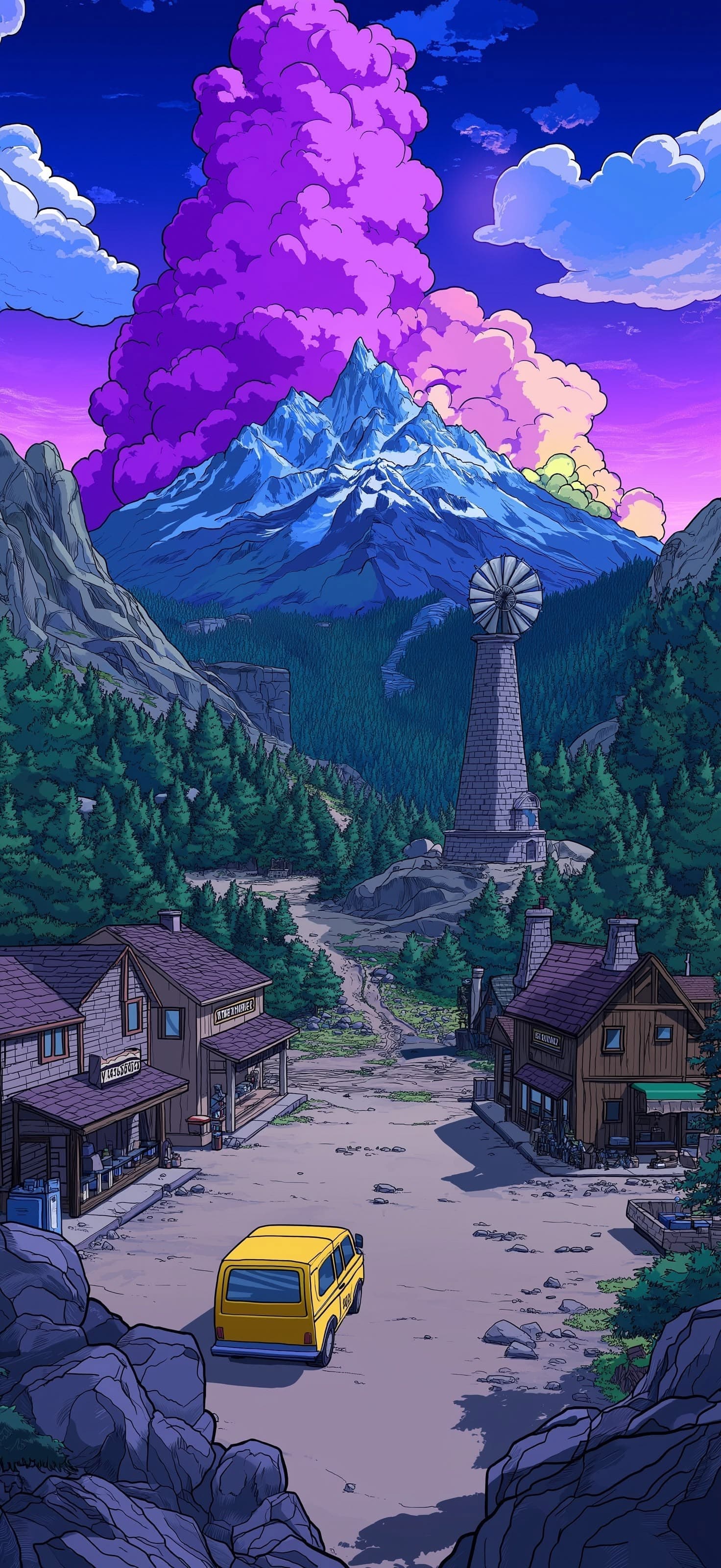 Cartoon Mountain Town - Pro phone wallpaper