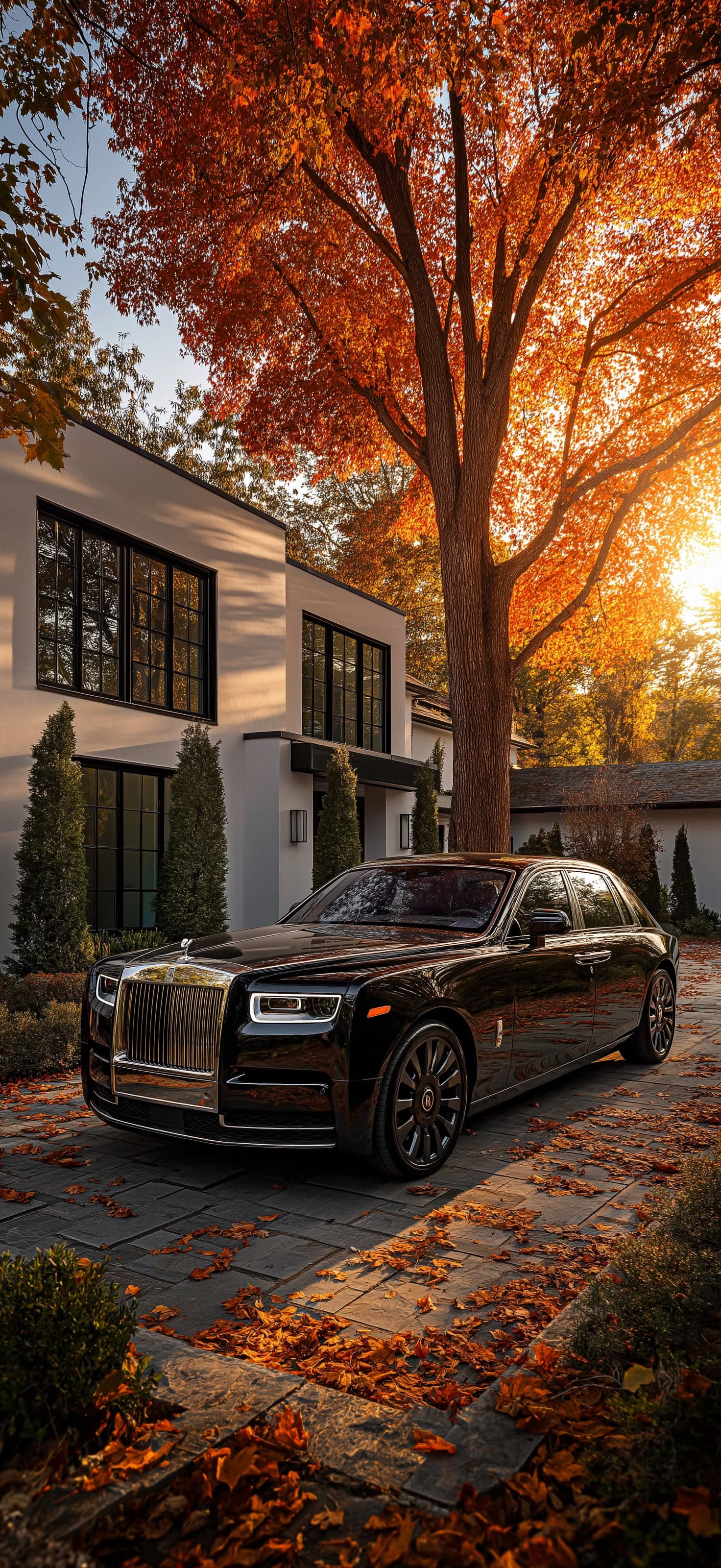 Luxury Car with Autumn Leaves - Pro phone wallpaper