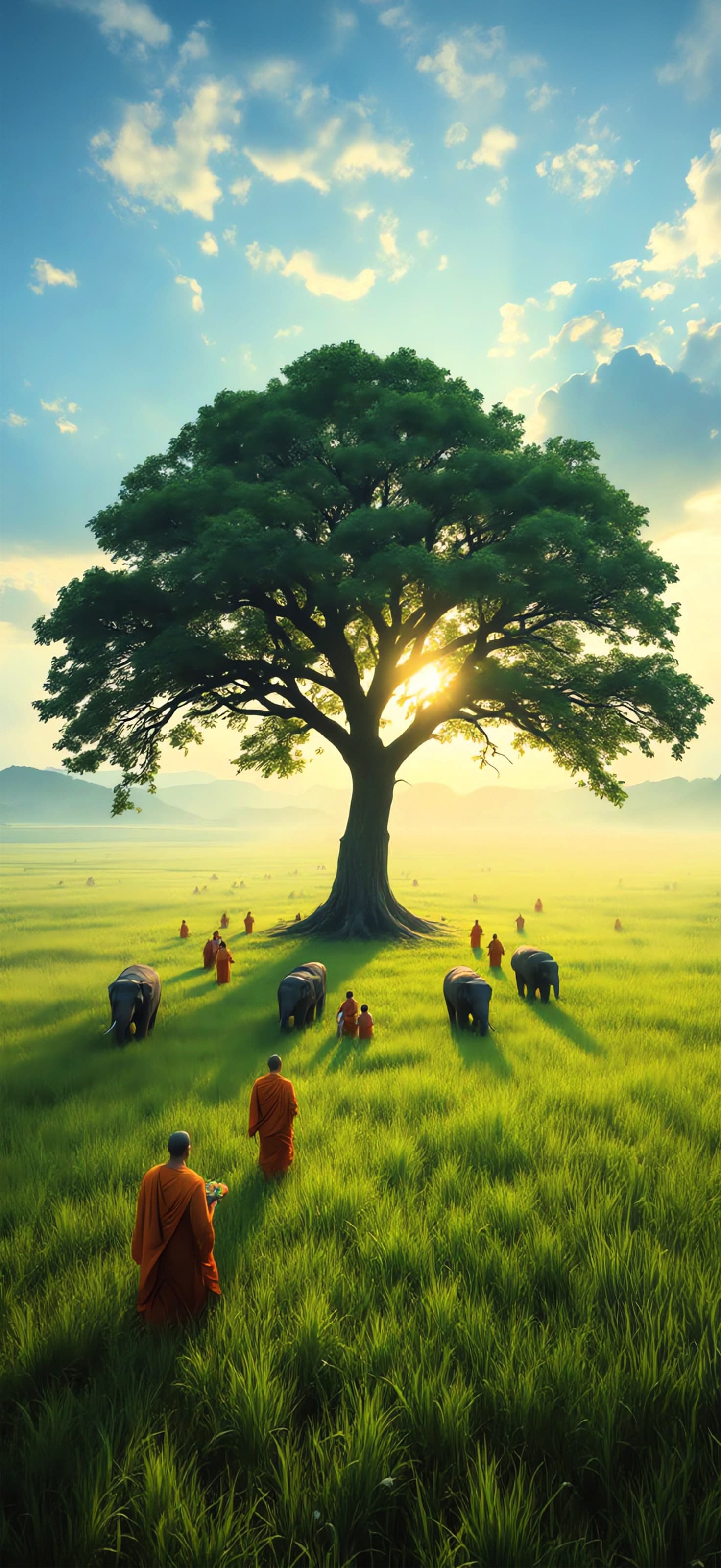Sunlit Tree and Monks - Pro phone wallpaper