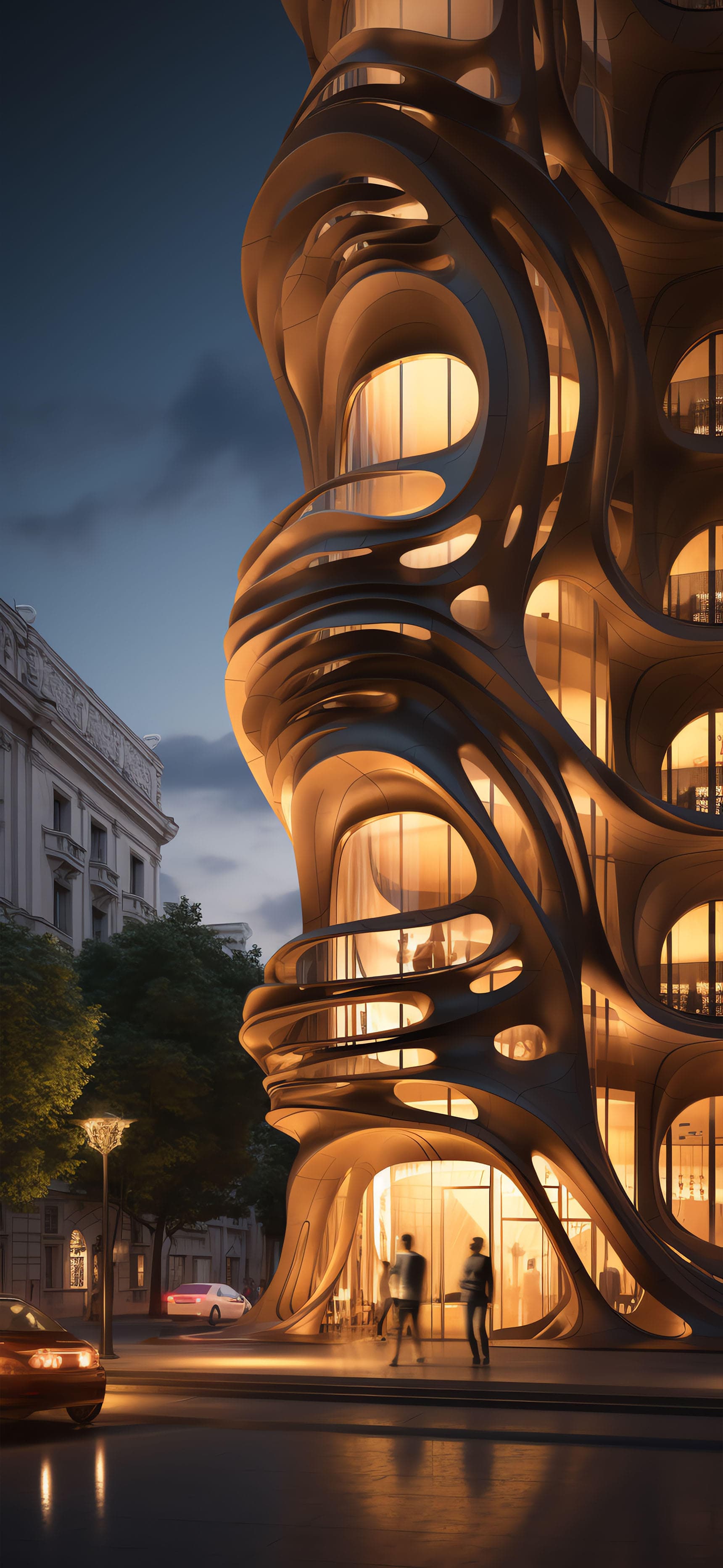Sculptural Building Night - Pro phone wallpaper