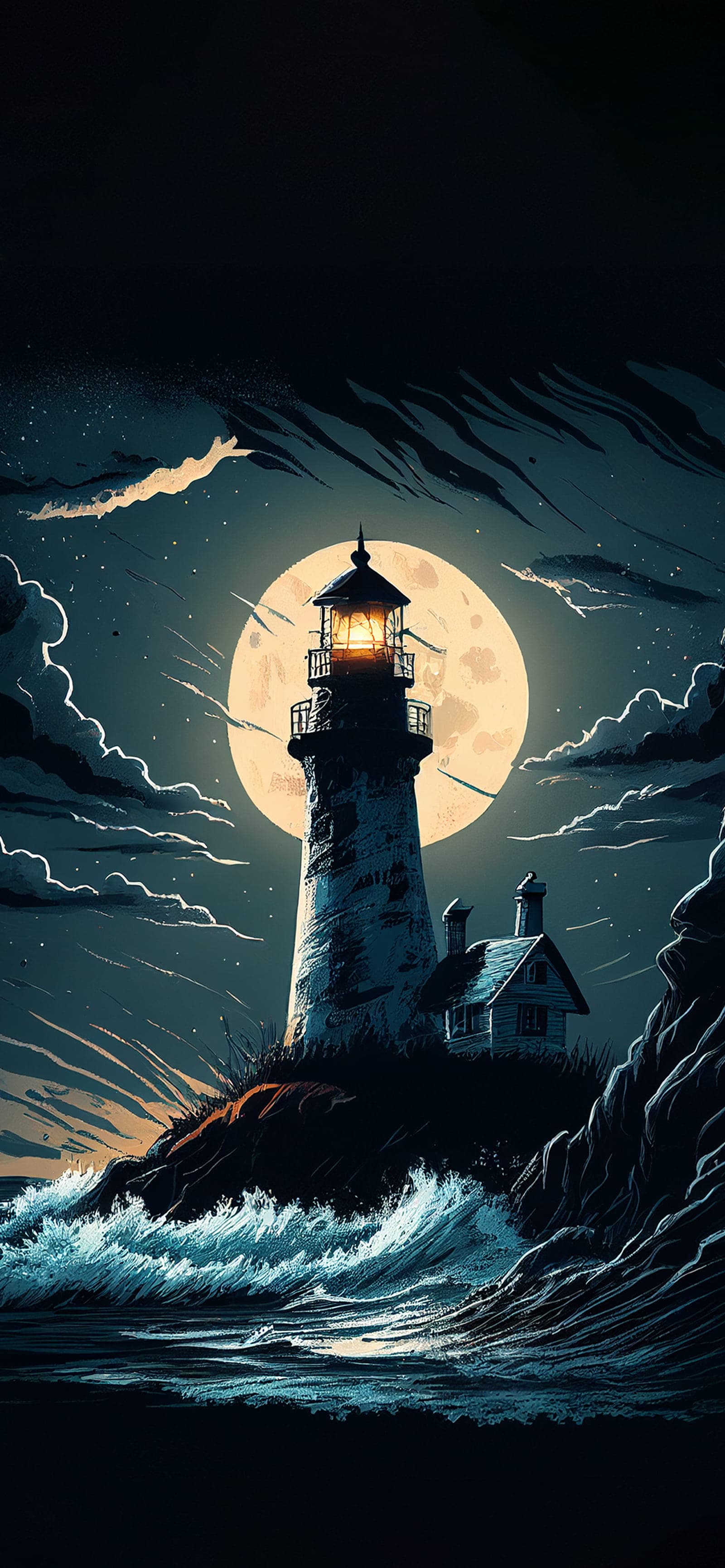 Moonlit Lighthouse Scene - Pro phone wallpaper