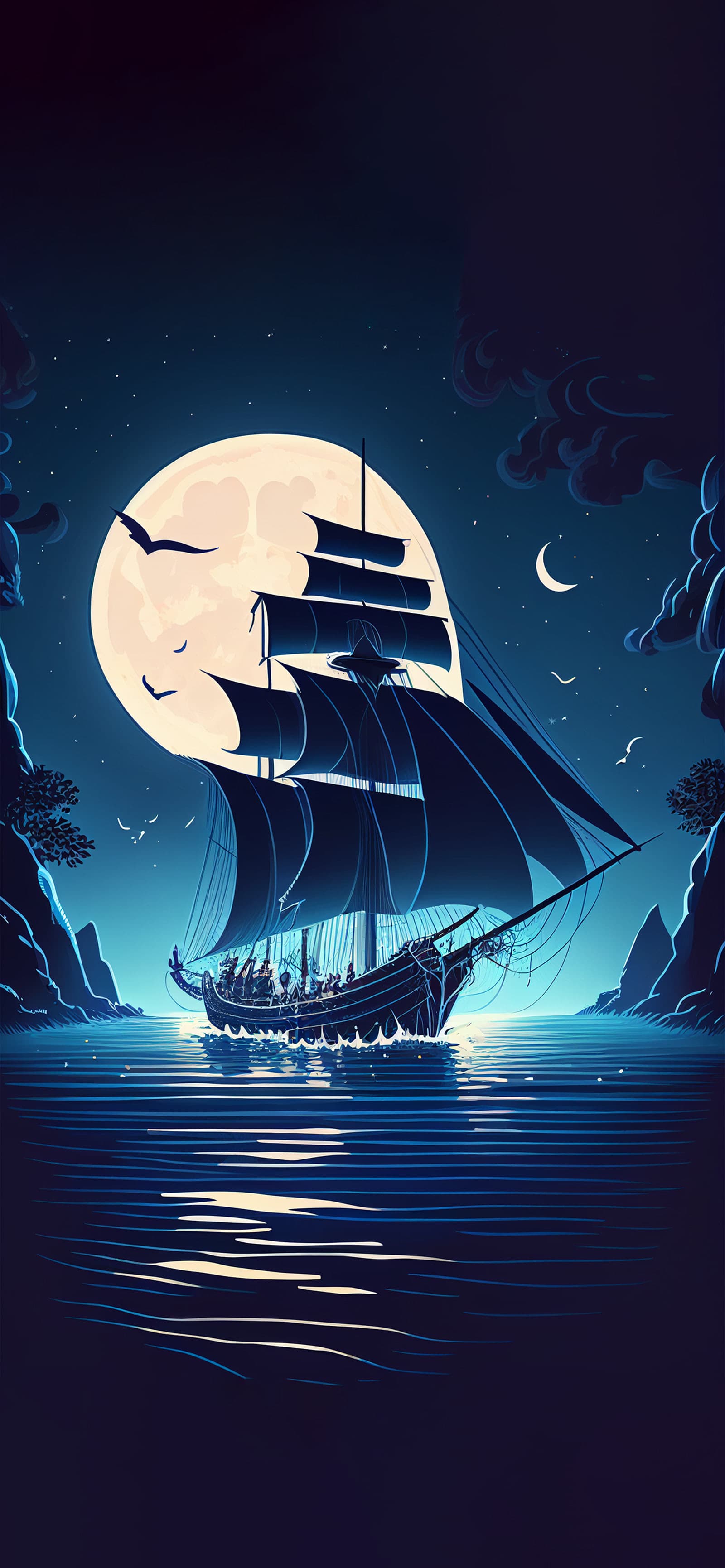 Moonlit Pirate Ship - Pro phone wallpaper