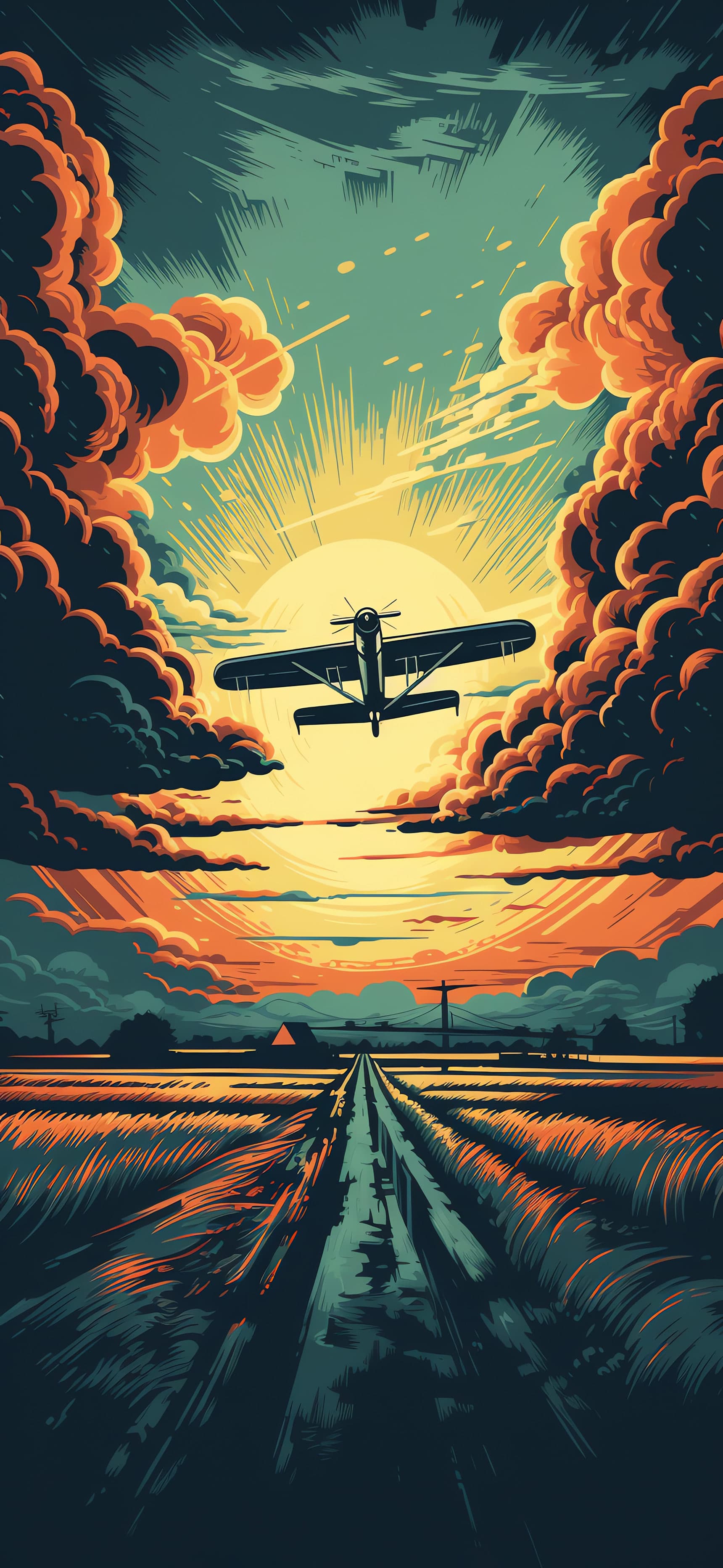 Airplane Field Sunset - Pro phone wallpaper