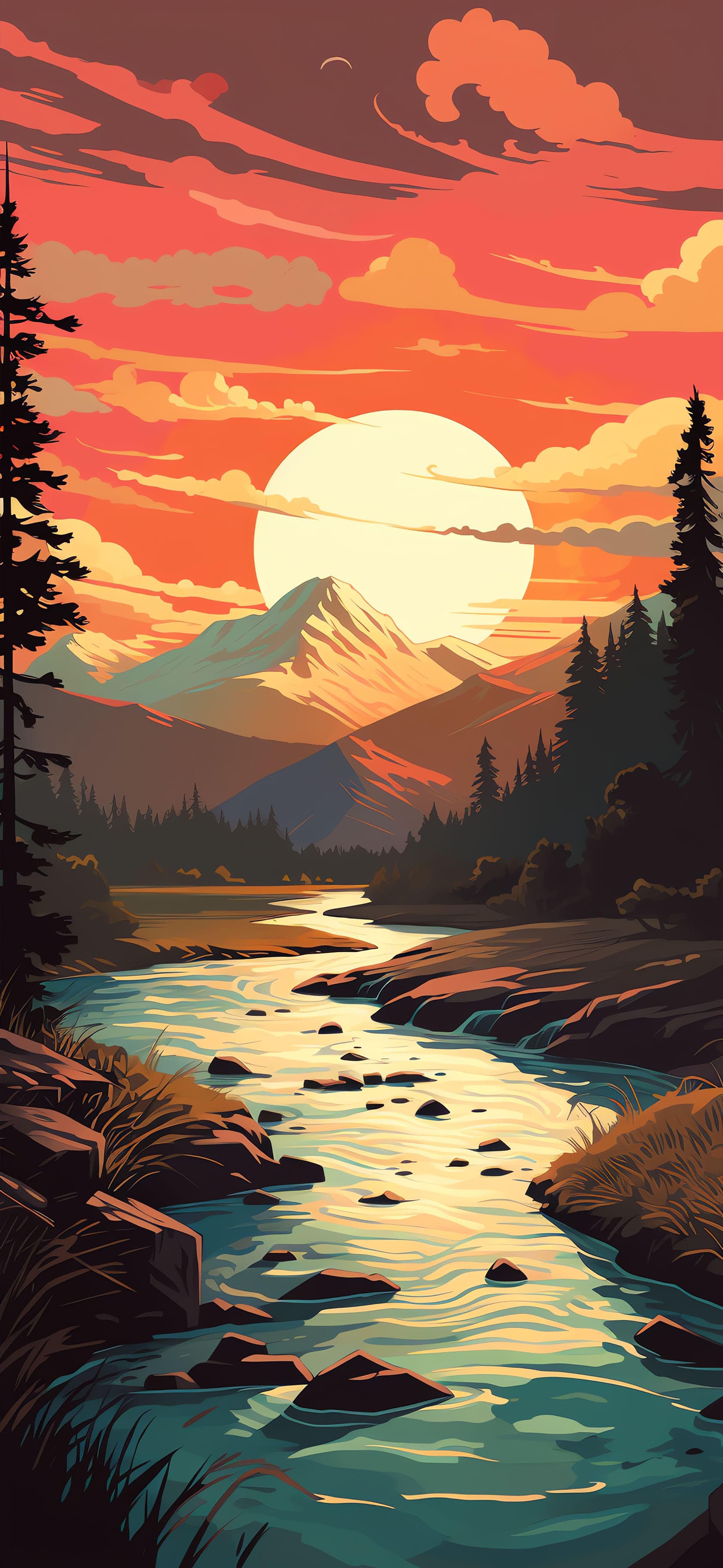 Mountain River Sunset - Pro phone wallpaper