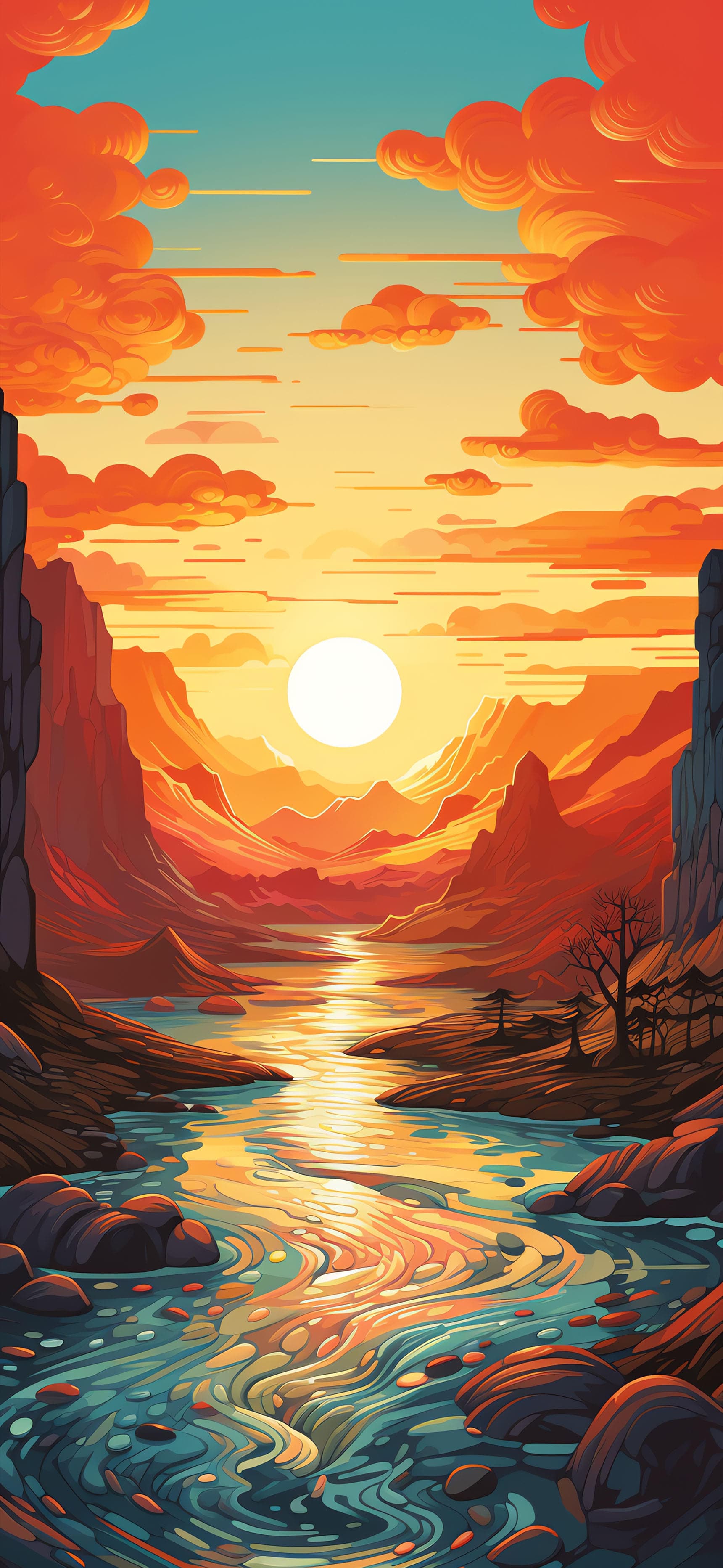 Fiery River Sunset - Pro phone wallpaper