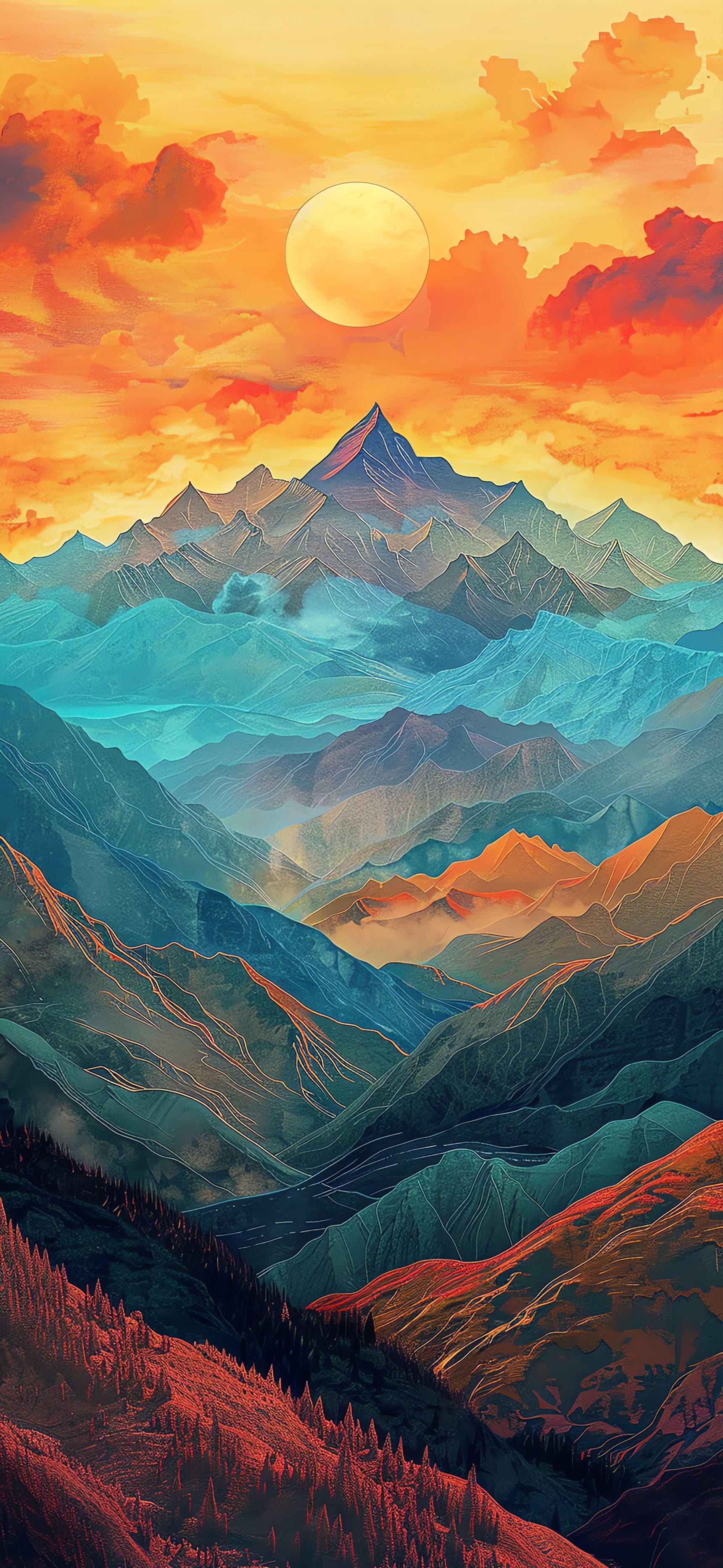 Painted Mountainscape Sunset - Pro phone wallpaper