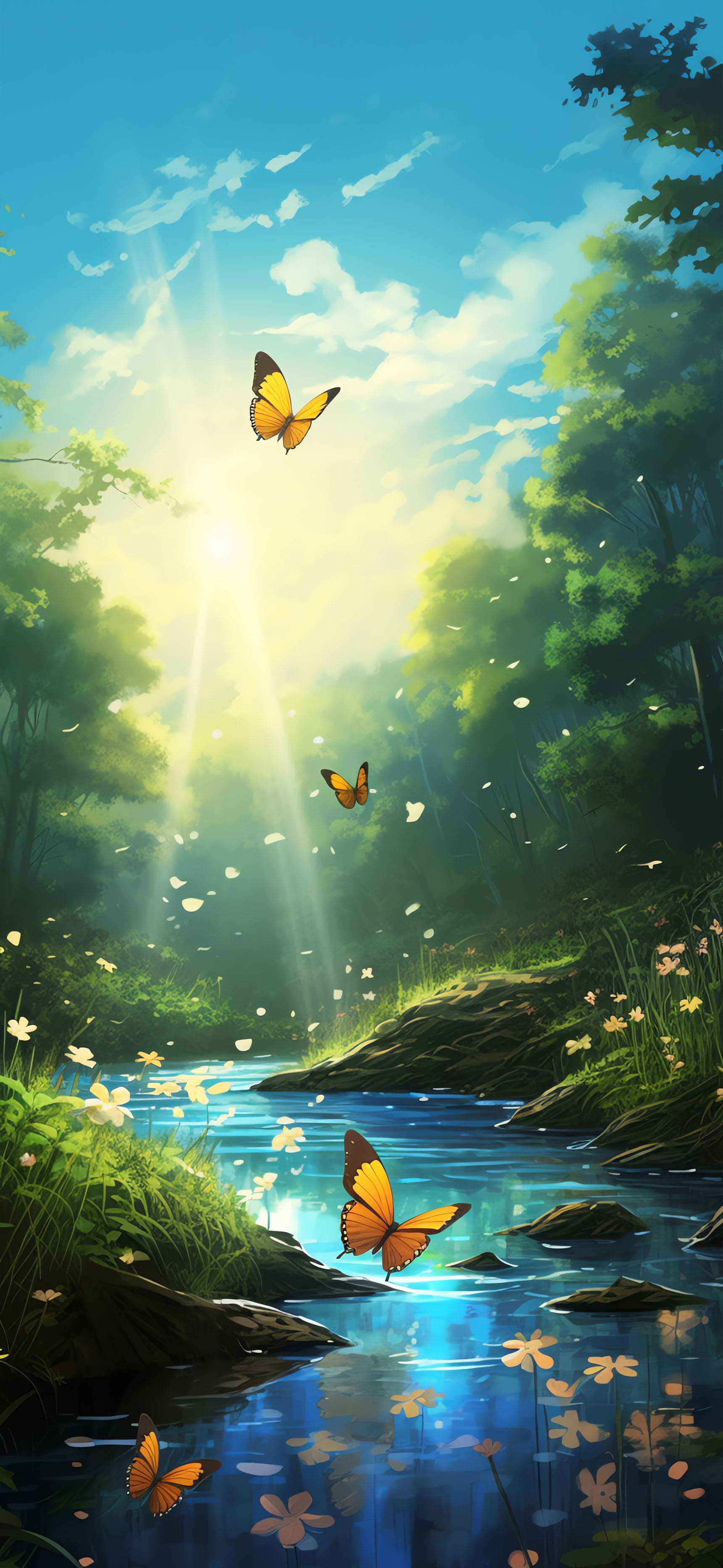 Sunlit Forest Stream - Pro phone wallpaper